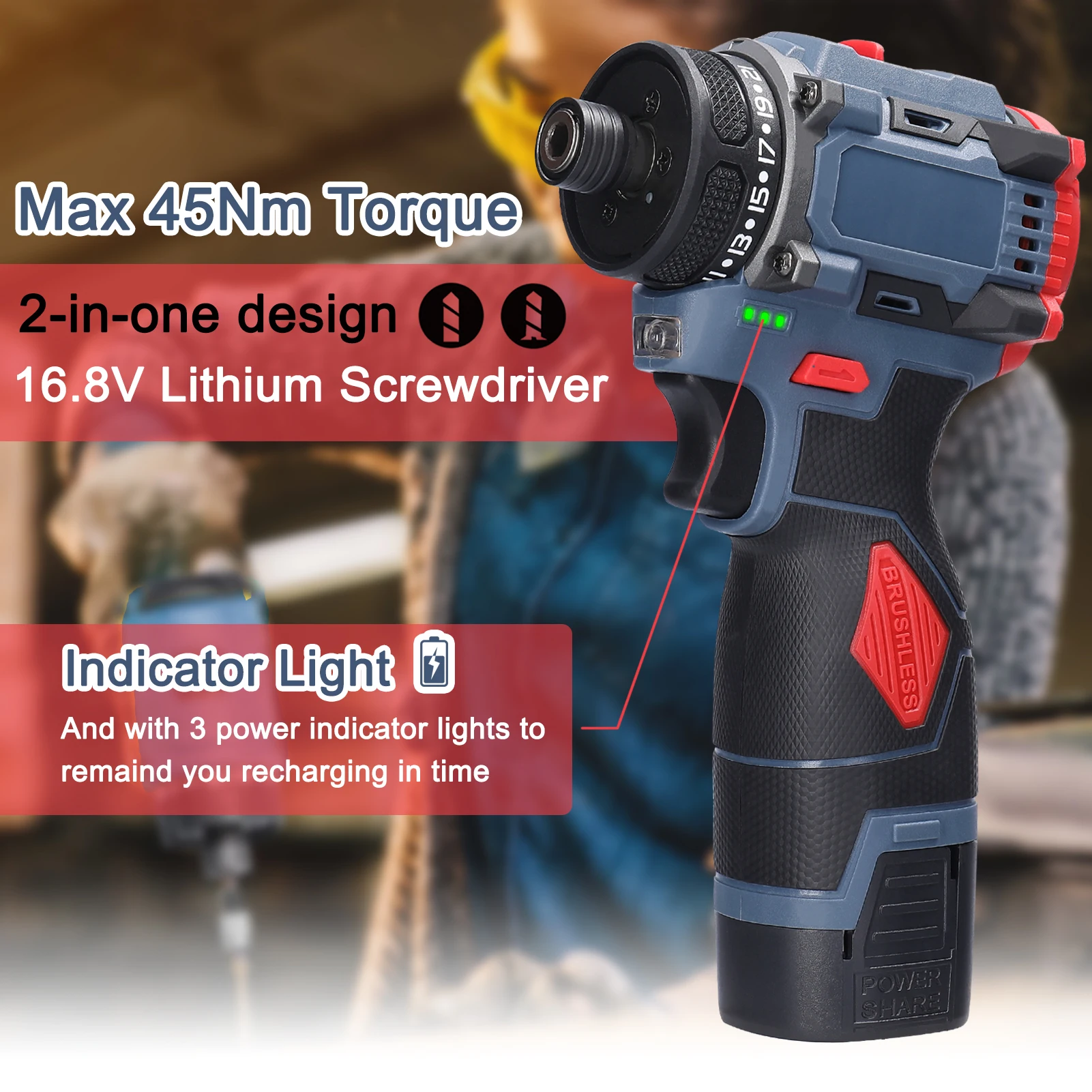 16.8V Electric Screwdriver Brushless Motor 1500rpm 55Nm Torque Electric Drill Rechargeable Screwdriver DIY Repairing Power Tool