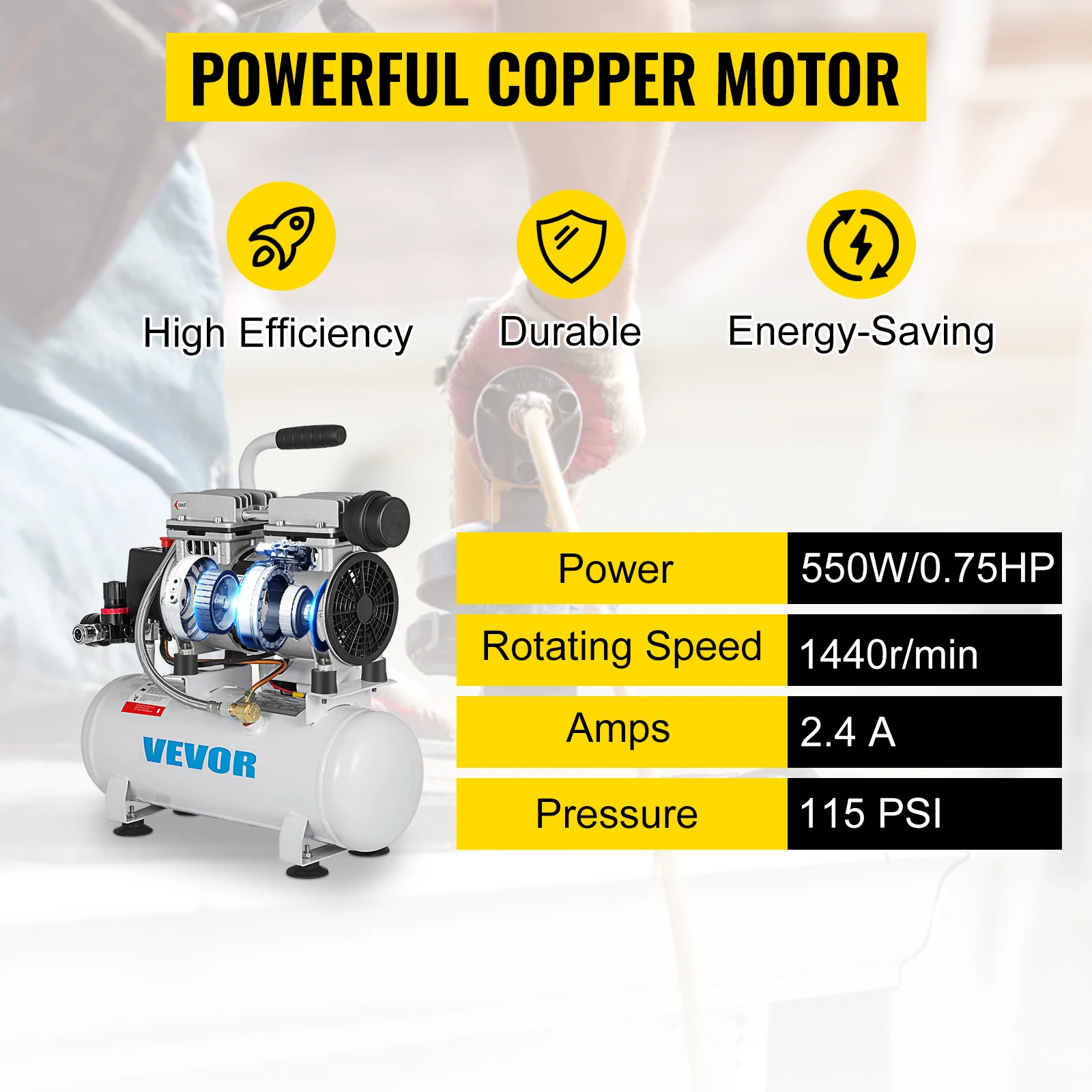 SucceBuy 9L/25L Air Compressor with Pure Copper Motor 550W/750W Oil-free Air Pump For Home Repair Tire Inflation Whisper Compressor