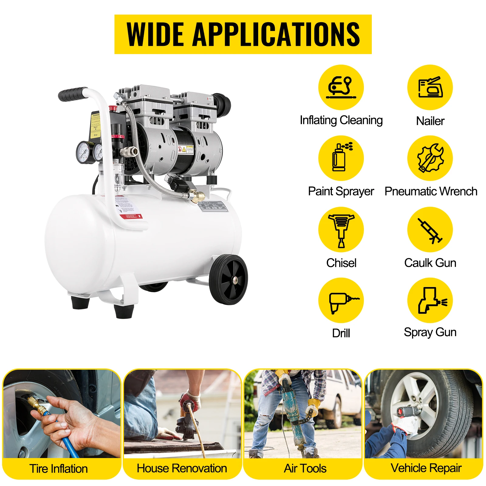 SucceBuy 9L/25L Air Compressor with Pure Copper Motor 550W/750W Oil-free Air Pump For Home Repair Tire Inflation Whisper Compressor