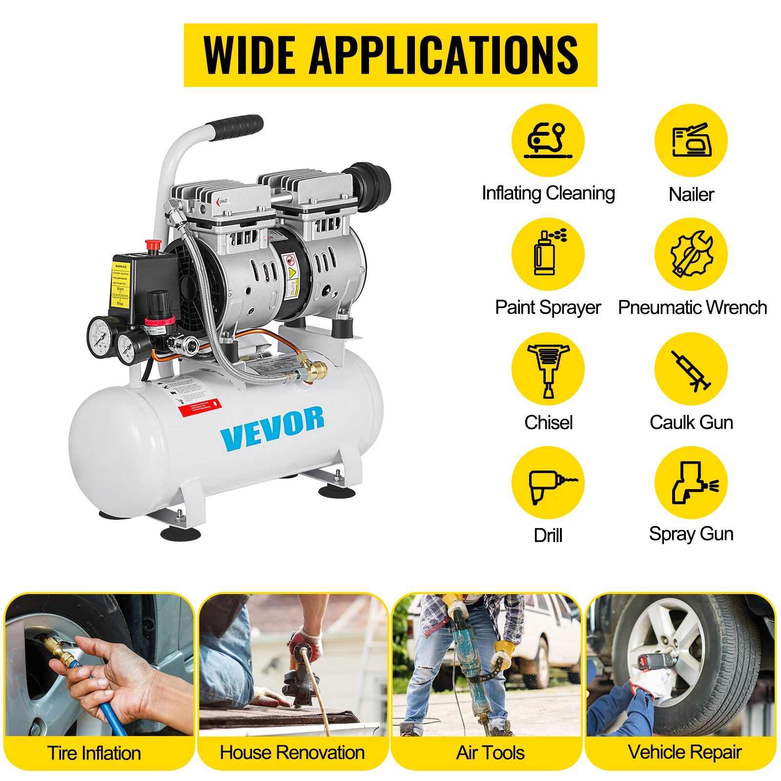 SucceBuy 9L/25L Air Compressor with Pure Copper Motor 550W/750W Oil-free Air Pump For Home Repair Tire Inflation Whisper Compressor
