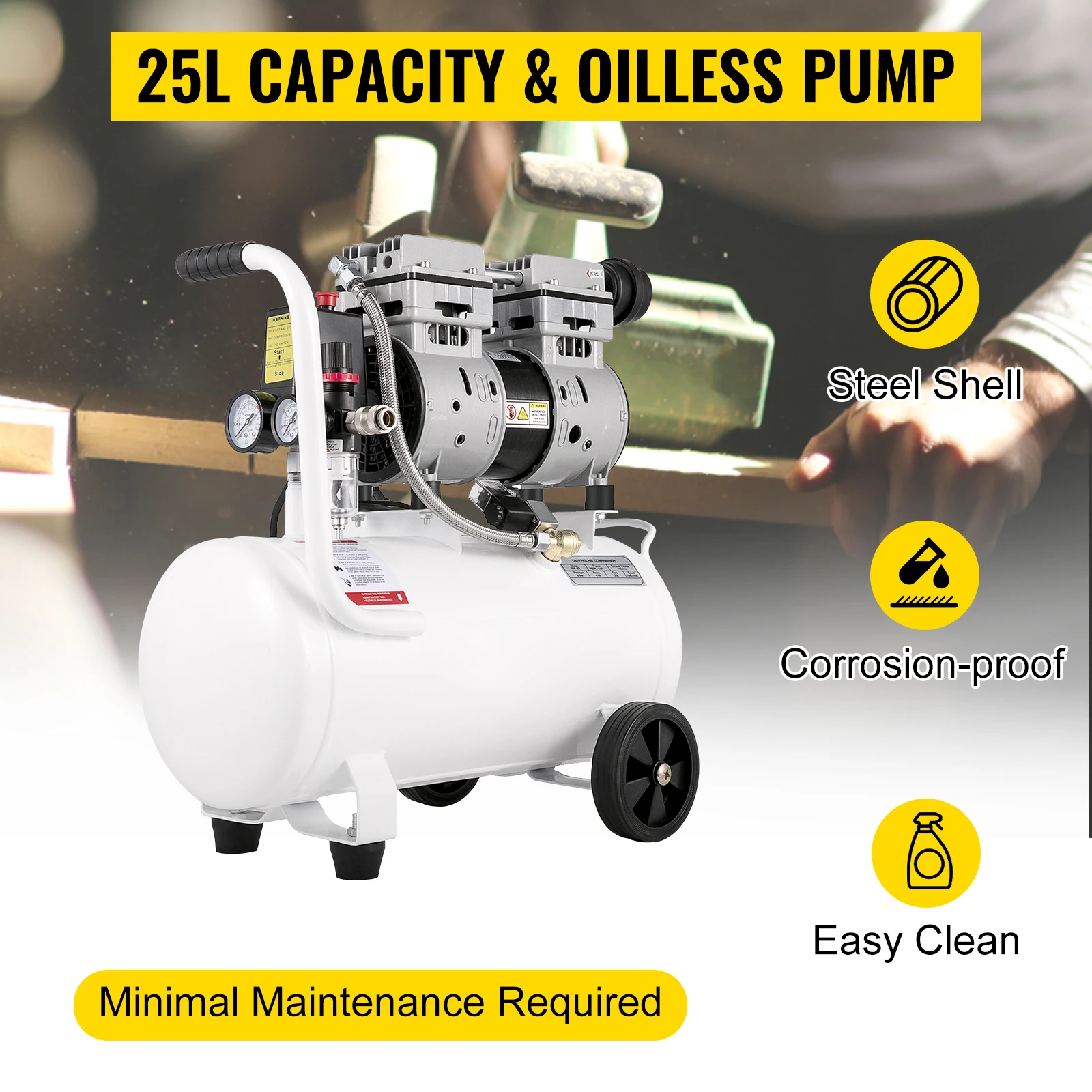 SucceBuy 9L/25L Air Compressor with Pure Copper Motor 550W/750W Oil-free Air Pump For Home Repair Tire Inflation Whisper Compressor
