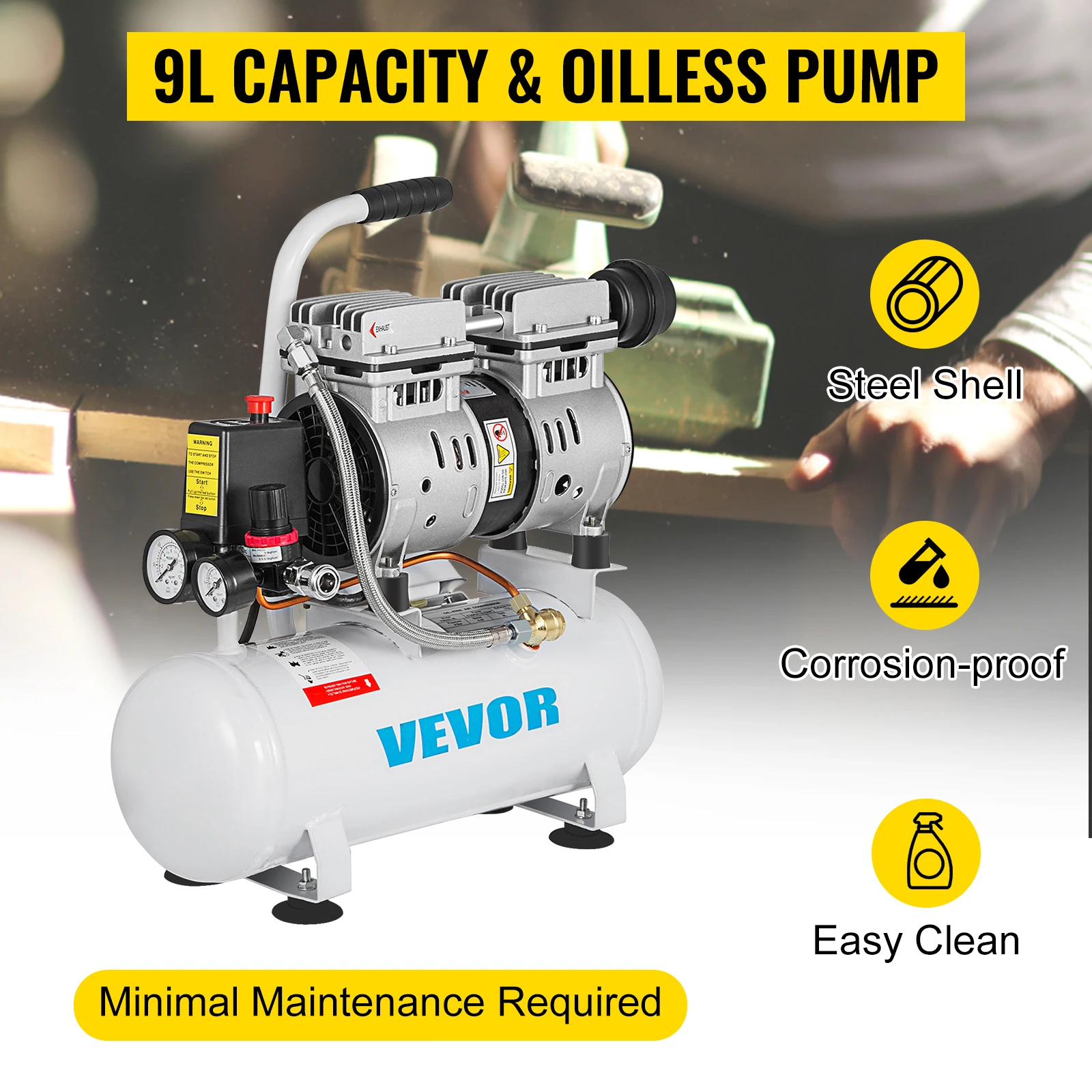 SucceBuy 9L/25L Air Compressor with Pure Copper Motor 550W/750W Oil-free Air Pump For Home Repair Tire Inflation Whisper Compressor