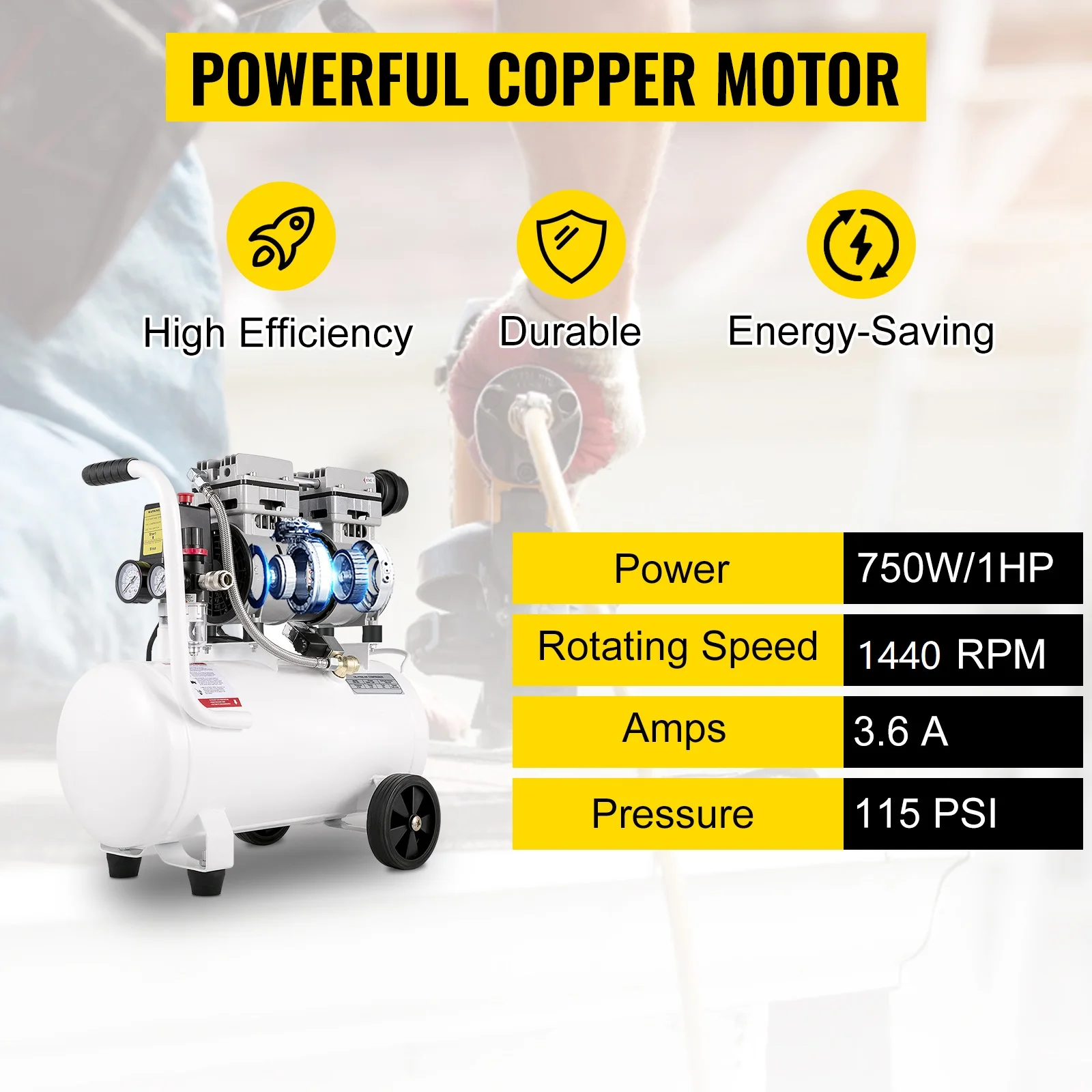 SucceBuy 9L/25L Air Compressor with Pure Copper Motor 550W/750W Oil-free Air Pump For Home Repair Tire Inflation Whisper Compressor
