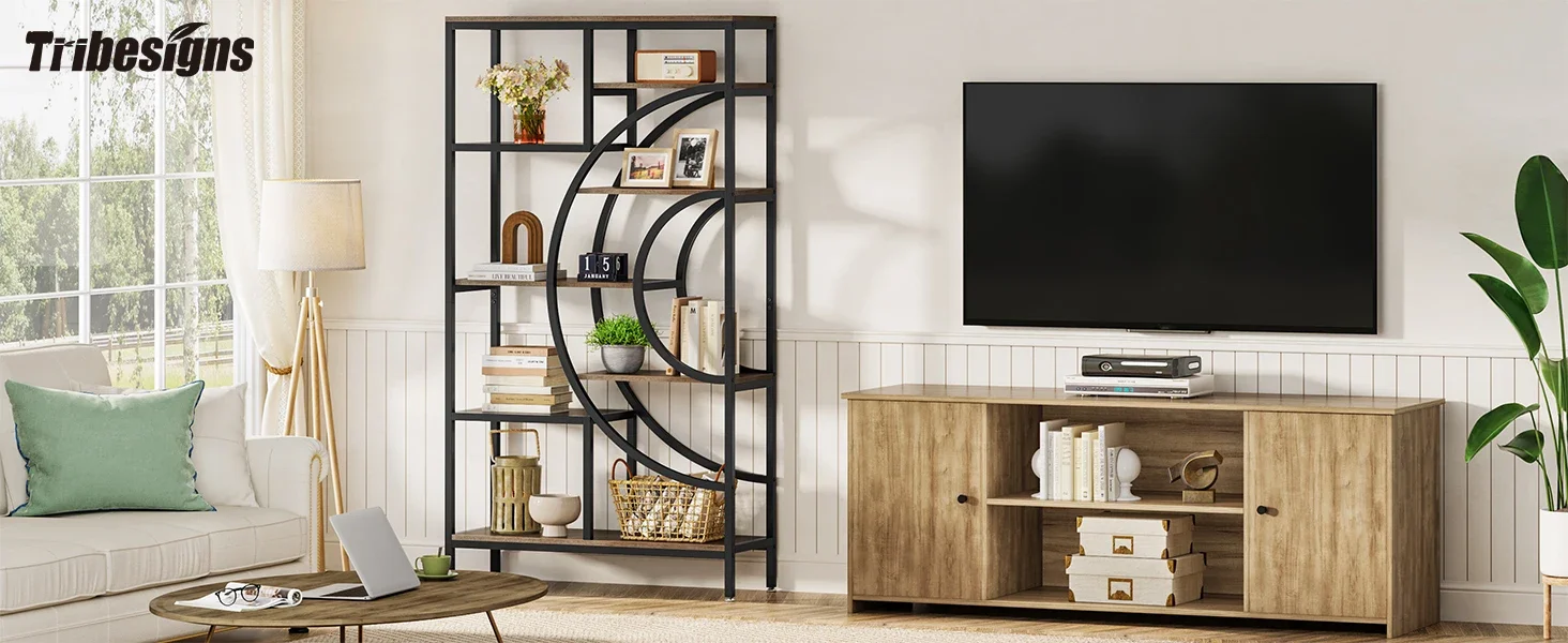 Tribesigns 71 inches Geometric Bookcase, 8-Tiers Bookshelves, Rustic Bookcase with Metal Frame, Freestanding Open Shelving