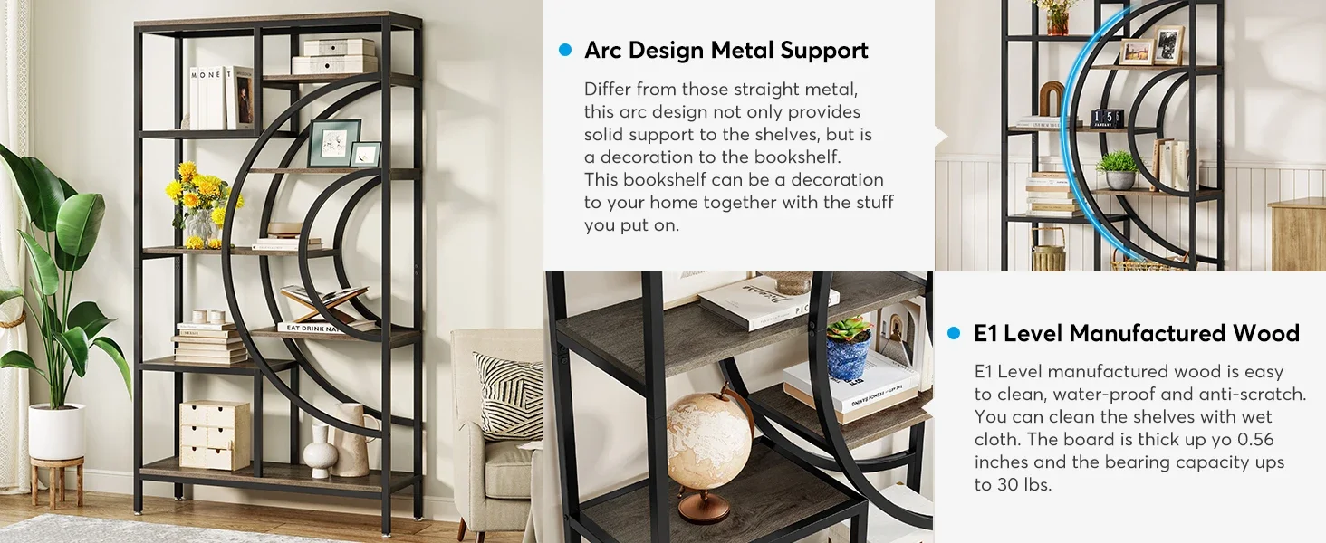 Tribesigns 71 inches Geometric Bookcase, 8-Tiers Bookshelves, Rustic Bookcase with Metal Frame, Freestanding Open Shelving