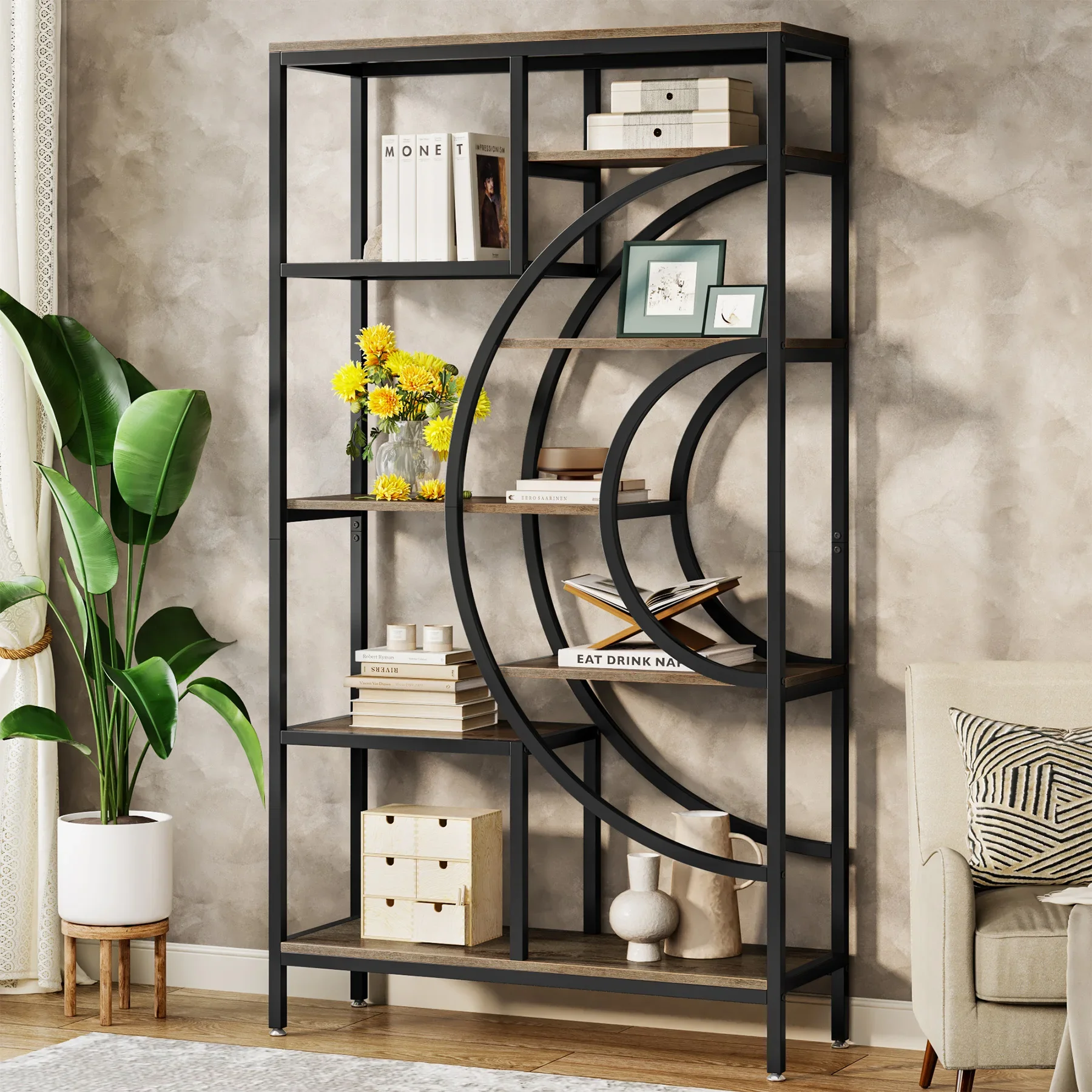 Tribesigns 71 inches Geometric Bookcase, 8-Tiers Bookshelves, Rustic Bookcase with Metal Frame, Freestanding Open Shelving