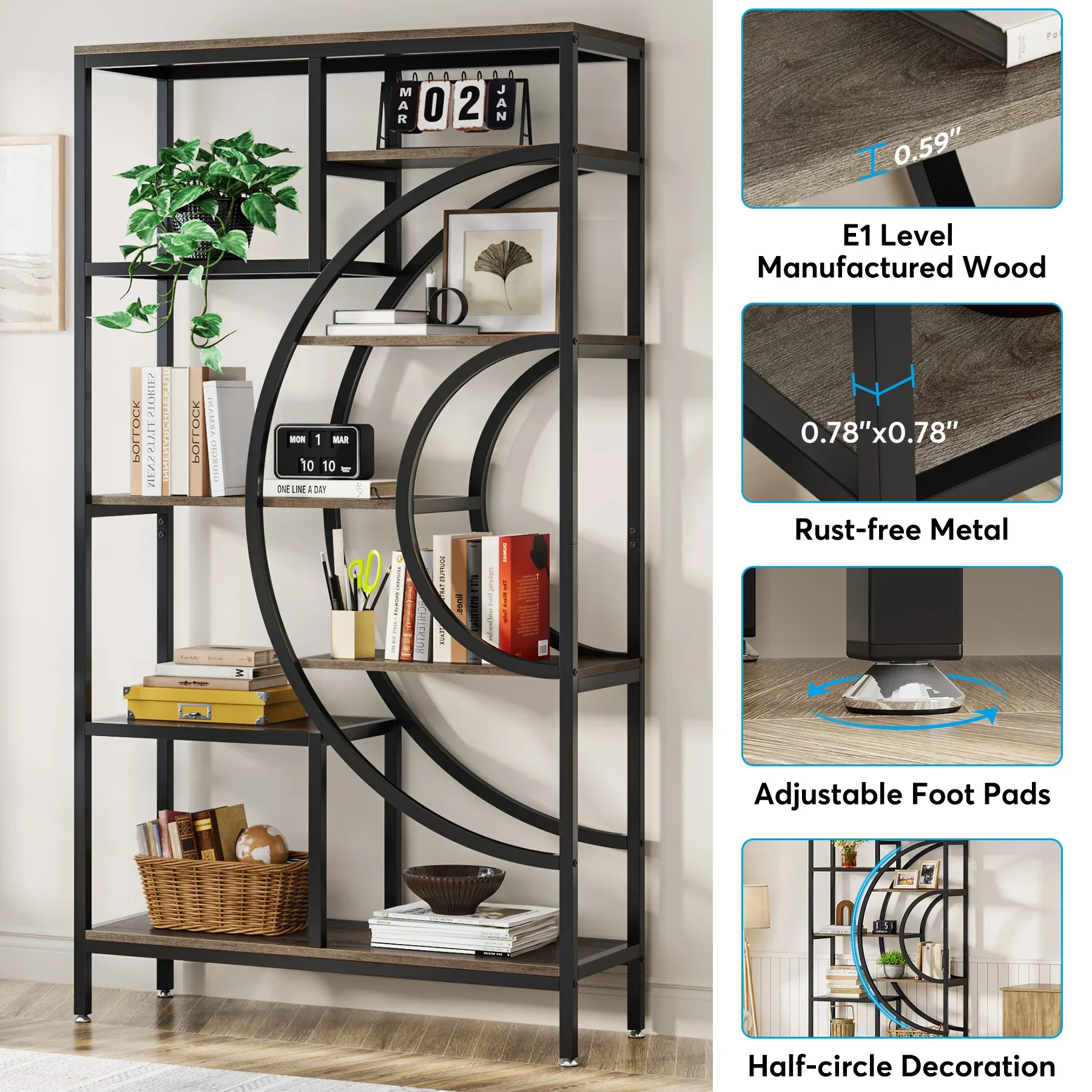 Tribesigns 71 inches Geometric Bookcase, 8-Tiers Bookshelves, Rustic Bookcase with Metal Frame, Freestanding Open Shelving