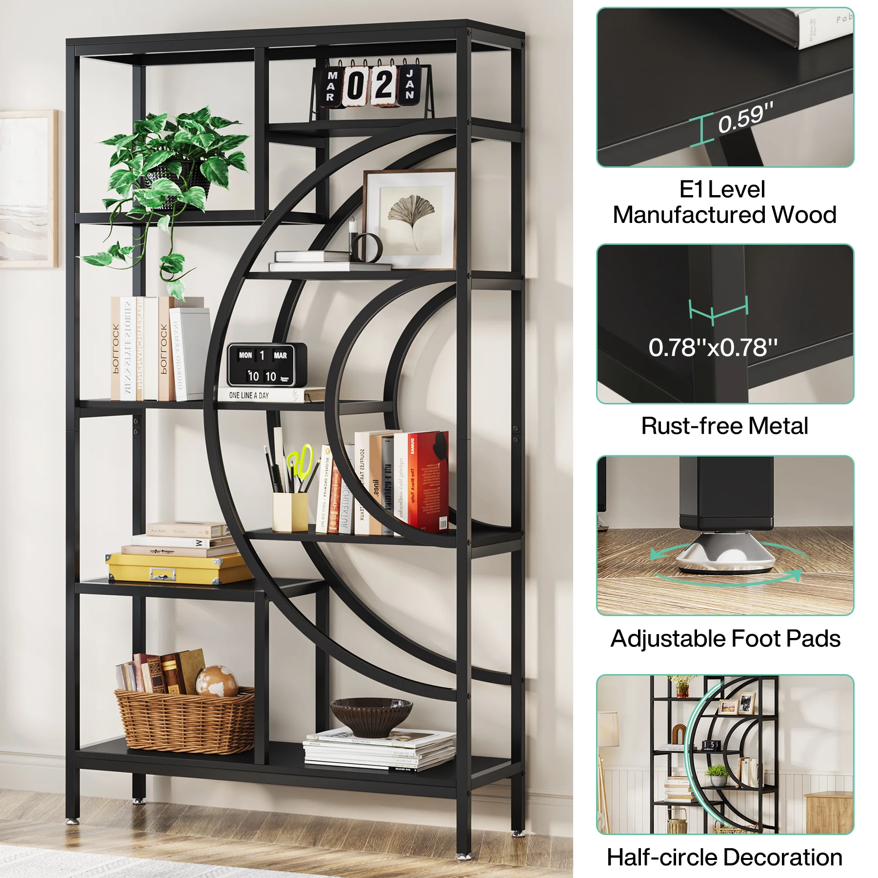 Tribesigns 71 inches Geometric Bookcase, 8-Tiers Bookshelves, Rustic Bookcase with Metal Frame, Freestanding Open Shelving