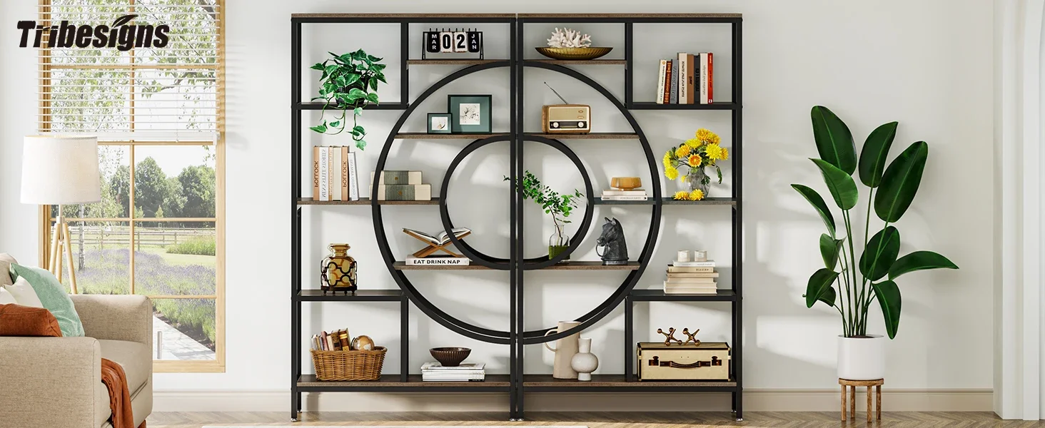 Tribesigns 71 inches Geometric Bookcase, 8-Tiers Bookshelves, Rustic Bookcase with Metal Frame, Freestanding Open Shelving