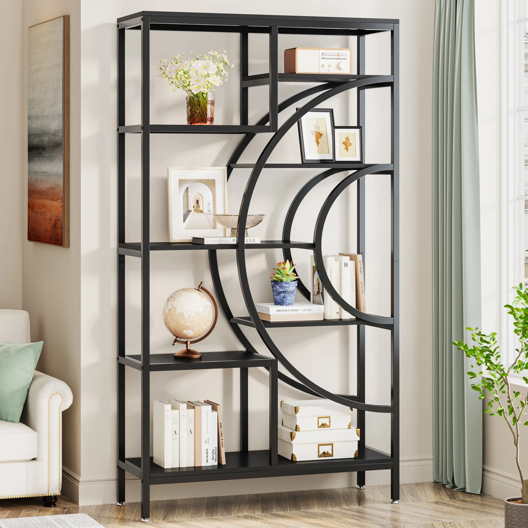 Tribesigns 71 inches Geometric Bookcase, 8-Tiers Bookshelves, Rustic Bookcase with Metal Frame, Freestanding Open Shelving