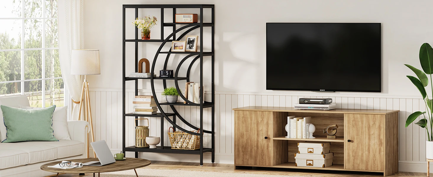 Tribesigns 71 inches Geometric Bookcase, 8-Tiers Bookshelves, Rustic Bookcase with Metal Frame, Freestanding Open Shelving