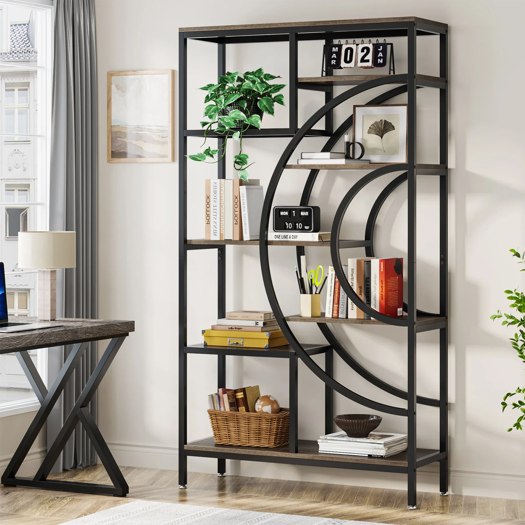 Tribesigns 71 inches Geometric Bookcase, 8-Tiers Bookshelves, Rustic Bookcase with Metal Frame, Freestanding Open Shelving