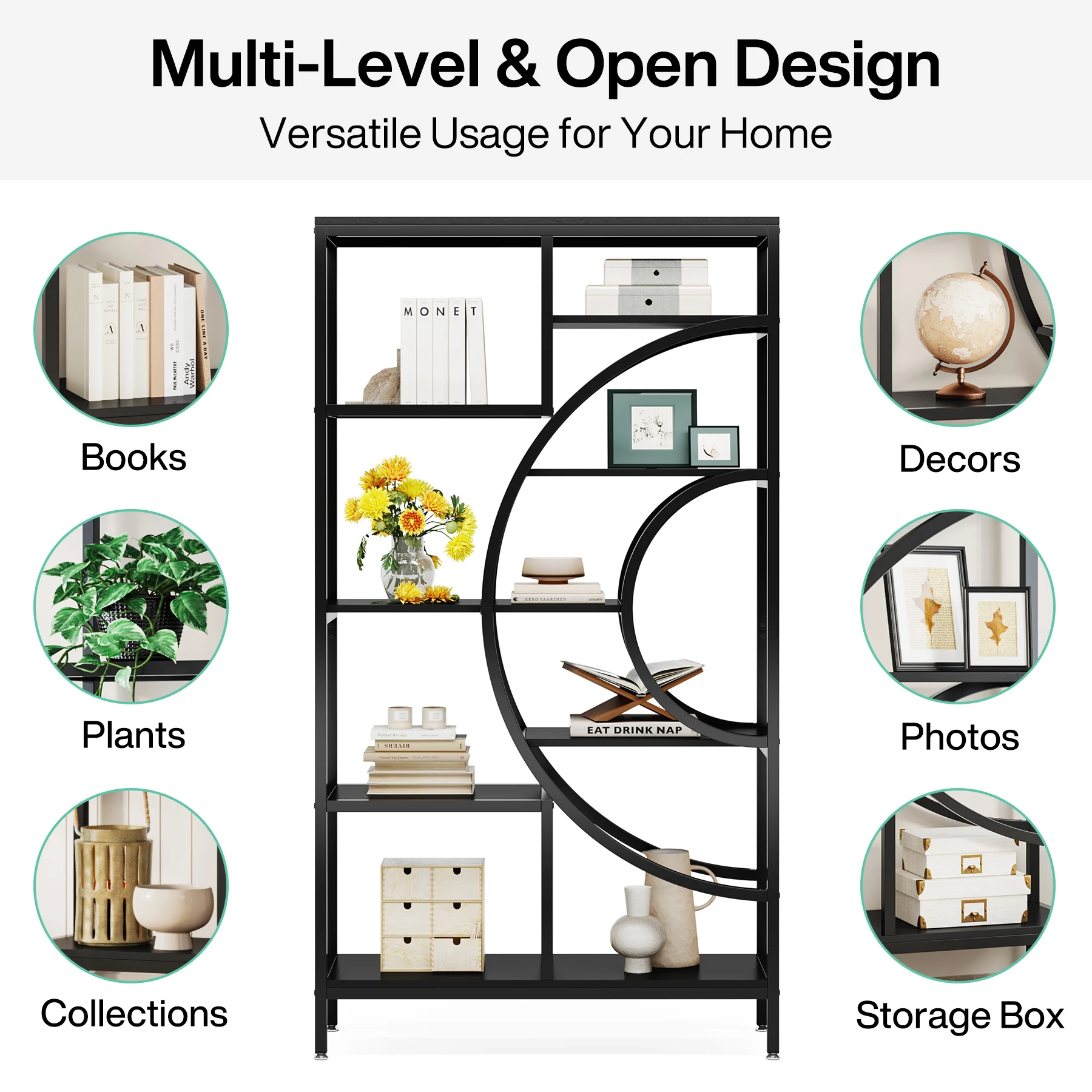 Tribesigns 71 inches Geometric Bookcase, 8-Tiers Bookshelves, Rustic Bookcase with Metal Frame, Freestanding Open Shelving