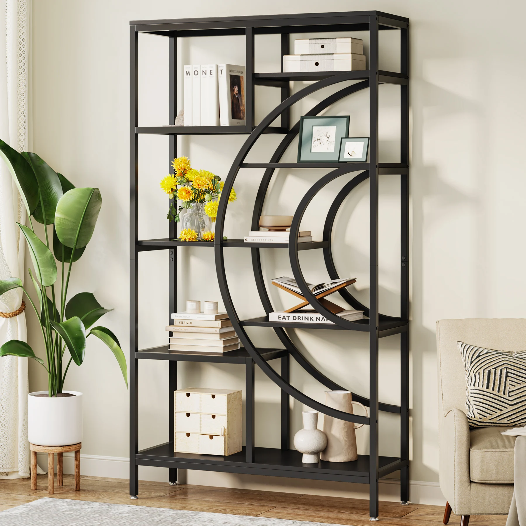 Tribesigns 71 inches Geometric Bookcase, 8-Tiers Bookshelves, Rustic Bookcase with Metal Frame, Freestanding Open Shelving