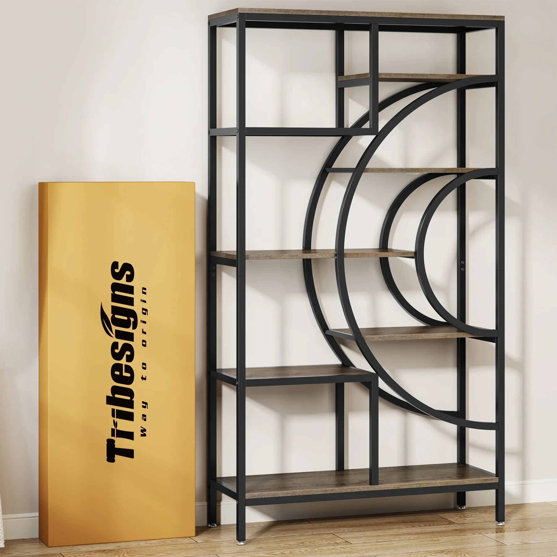 Tribesigns 71 inches Geometric Bookcase, 8-Tiers Bookshelves, Rustic Bookcase with Metal Frame, Freestanding Open Shelving