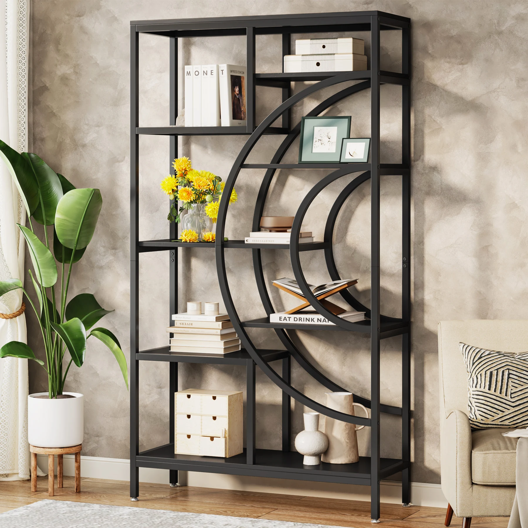 Tribesigns 71 inches Geometric Bookcase, 8-Tiers Bookshelves, Rustic Bookcase with Metal Frame, Freestanding Open Shelving