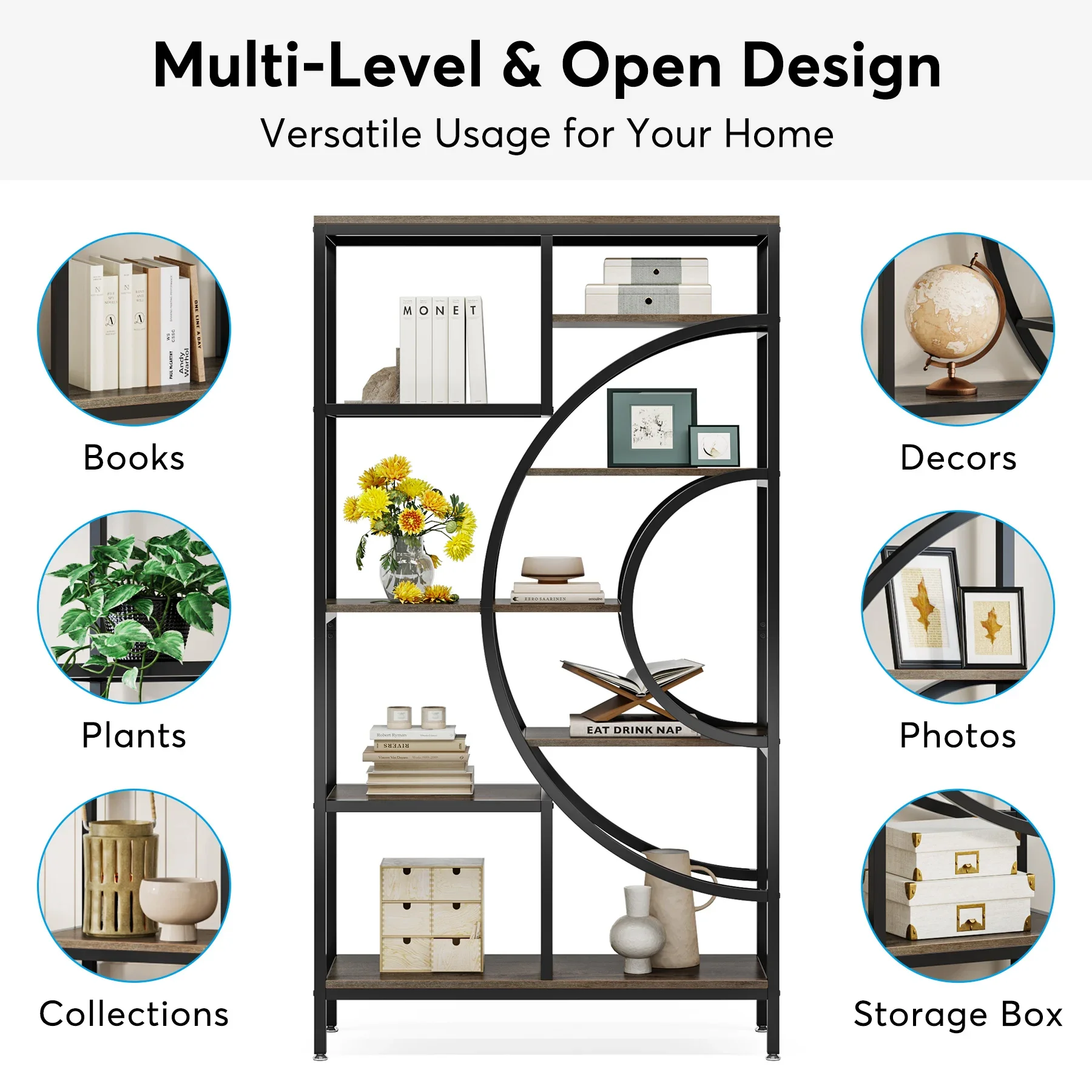 Tribesigns 71 inches Geometric Bookcase, 8-Tiers Bookshelves, Rustic Bookcase with Metal Frame, Freestanding Open Shelving