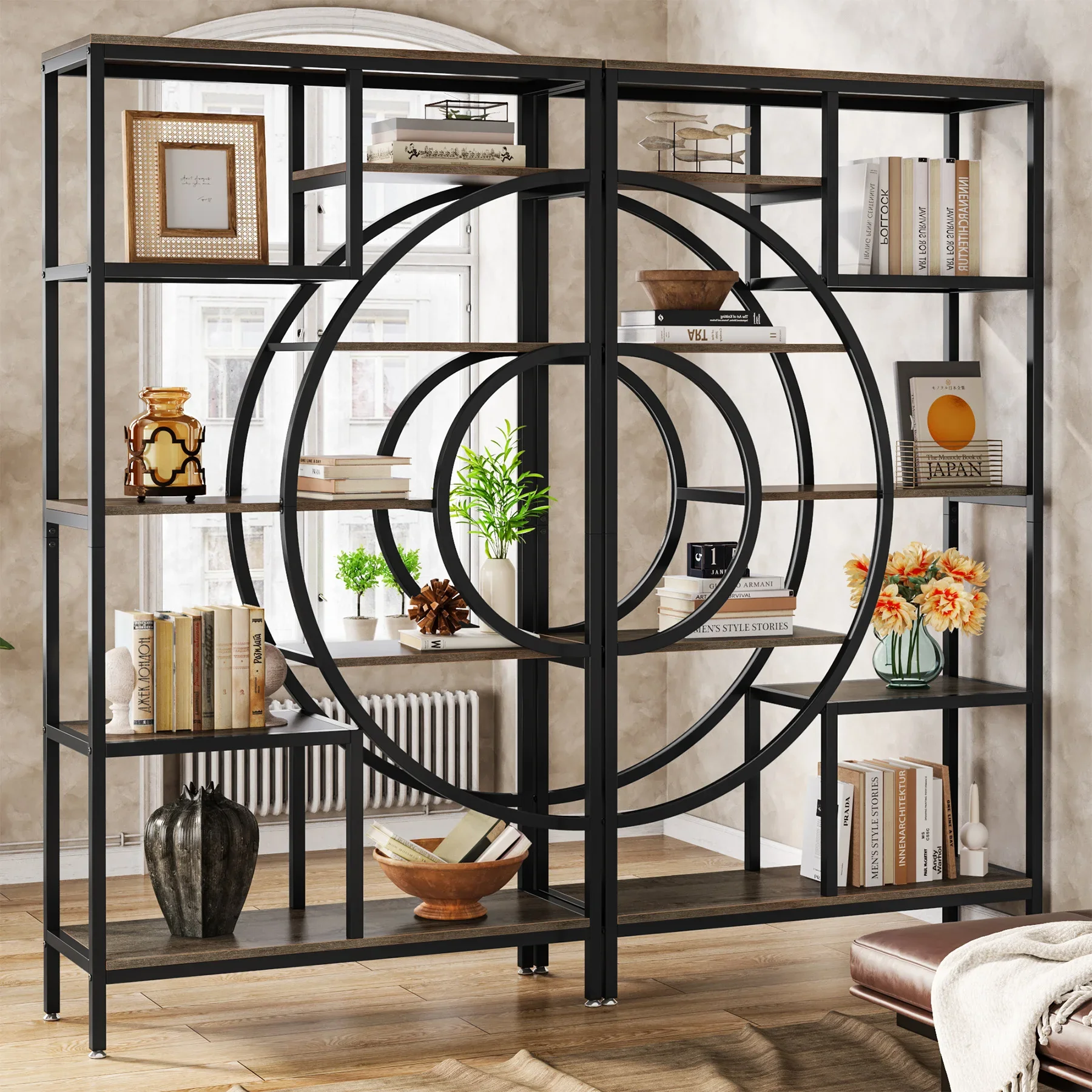 Tribesigns 71 inches Geometric Bookcase, 8-Tiers Bookshelves, Rustic Bookcase with Metal Frame, Freestanding Open Shelving