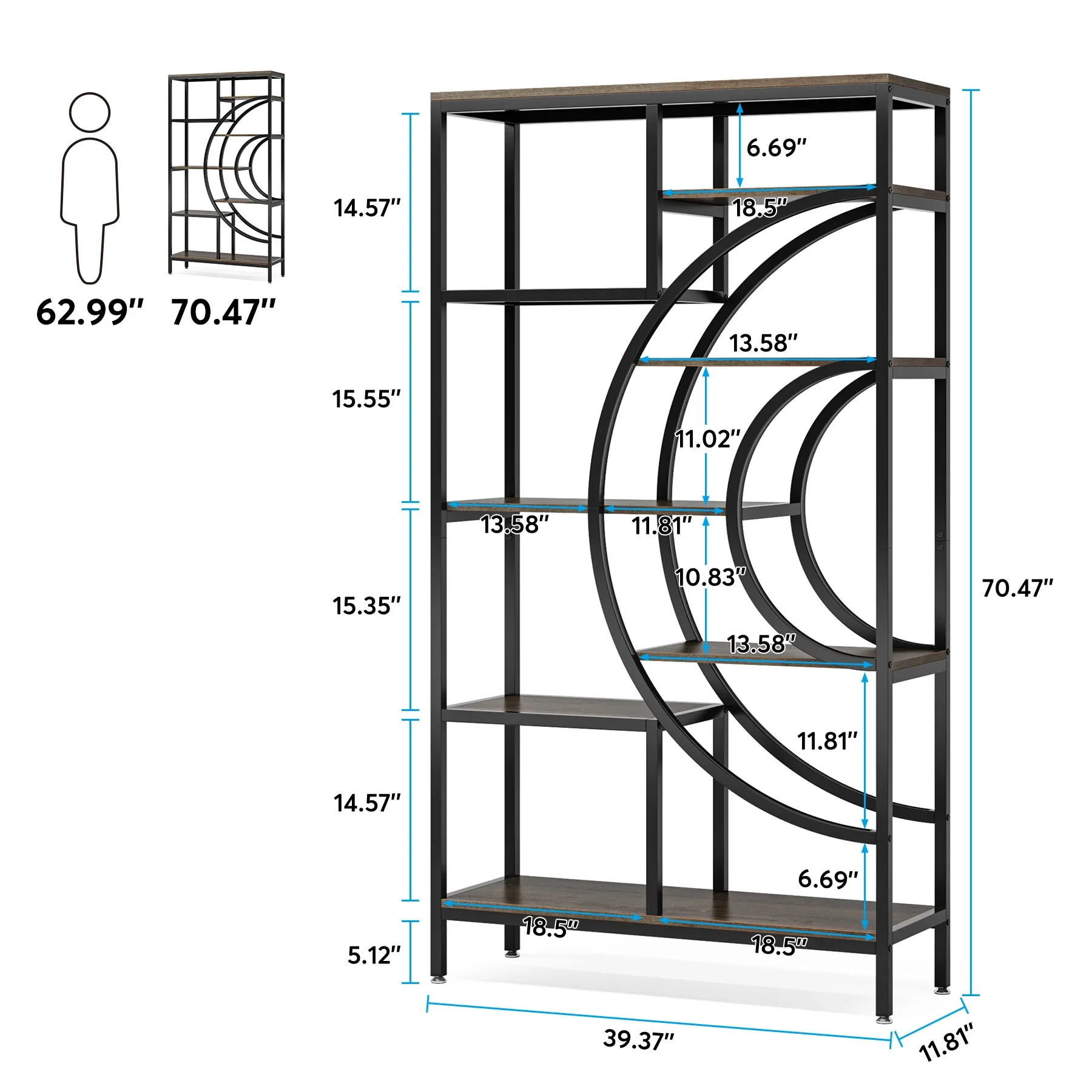 Tribesigns 71 inches Geometric Bookcase, 8-Tiers Bookshelves, Rustic Bookcase with Metal Frame, Freestanding Open Shelving