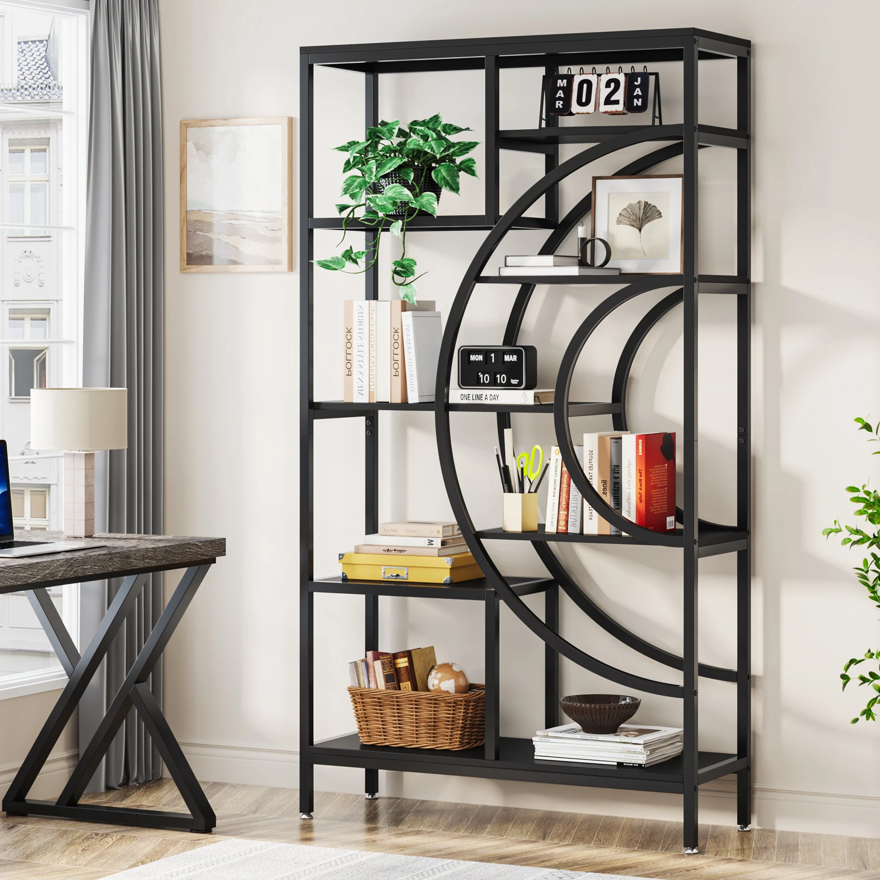 Tribesigns 71 inches Geometric Bookcase, 8-Tiers Bookshelves, Rustic Bookcase with Metal Frame, Freestanding Open Shelving