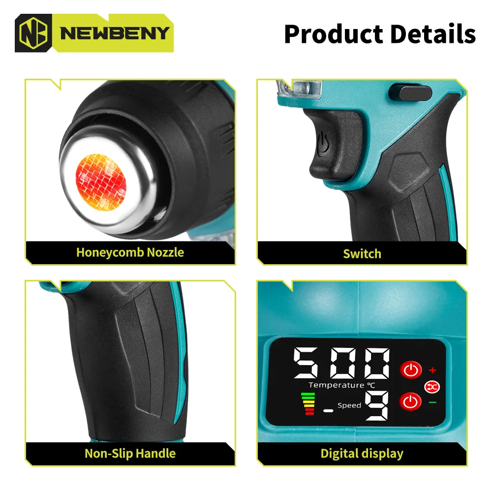 NEWBENY 2000W 500℃ Electric Hot Air Gun 9 Gears Handheld Cordless Rechargeable Industrial Home Power Tool For Makita Battery Pin