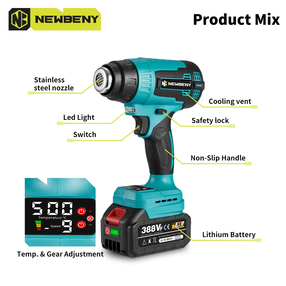 NEWBENY 2000W 500℃ Electric Hot Air Gun 9 Gears Handheld Cordless Rechargeable Industrial Home Power Tool For Makita Battery Pin