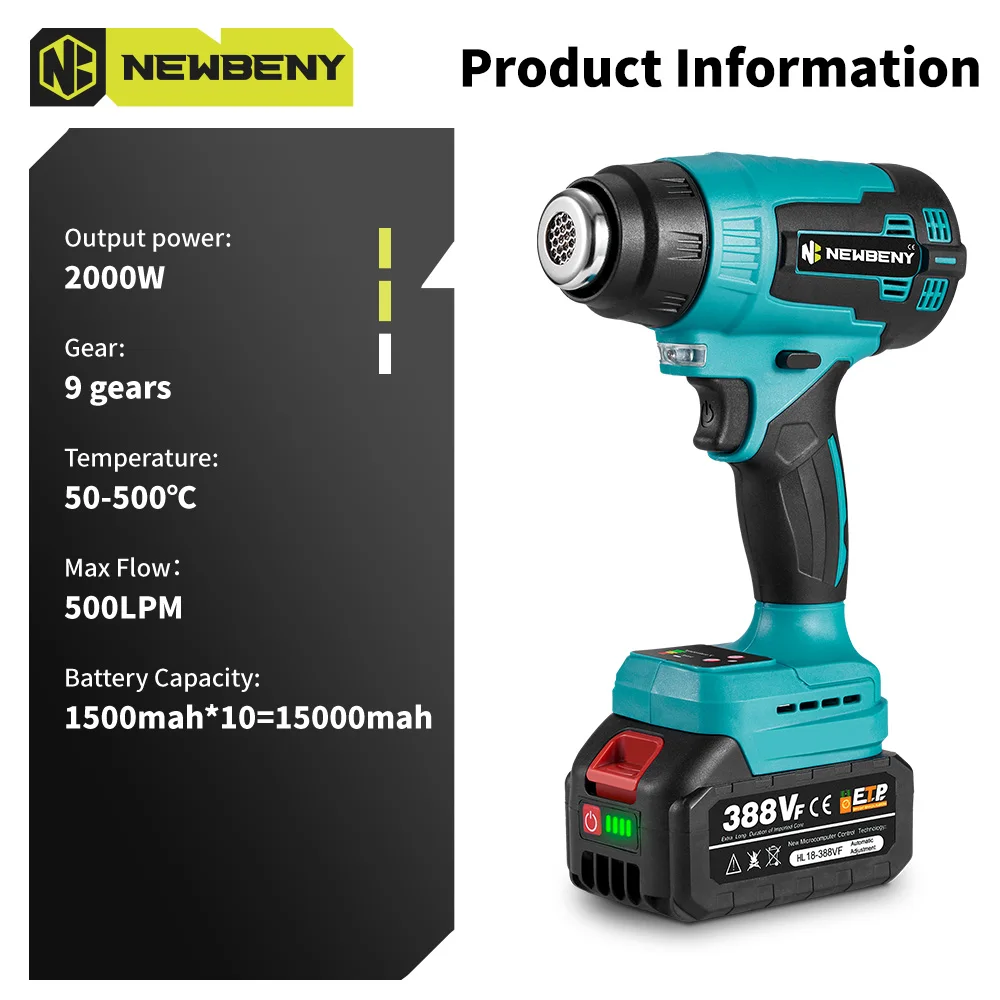NEWBENY 2000W 500℃ Electric Hot Air Gun 9 Gears Handheld Cordless Rechargeable Industrial Home Power Tool For Makita Battery Pin