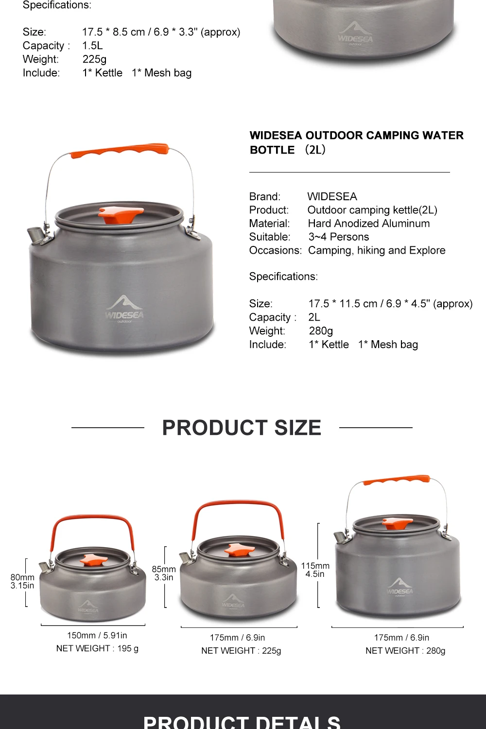 Widesea 1.1L 2L1.5L Camping Water Kettle Outdoor Coffee Kettle Tableware Picnic Set Supplies Equipment Utensils Tourism Cookware