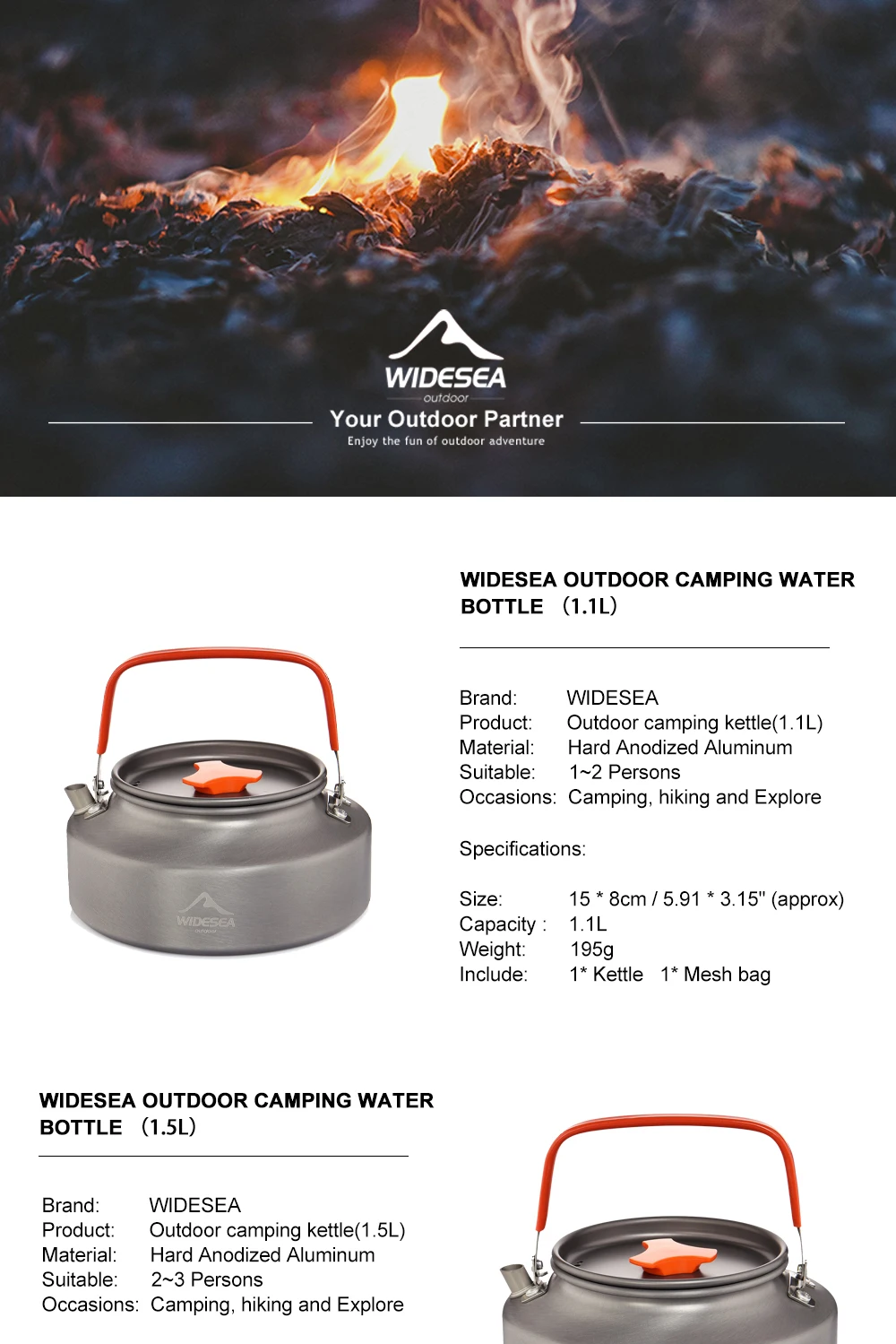 Widesea 1.1L 2L1.5L Camping Water Kettle Outdoor Coffee Kettle Tableware Picnic Set Supplies Equipment Utensils Tourism Cookware