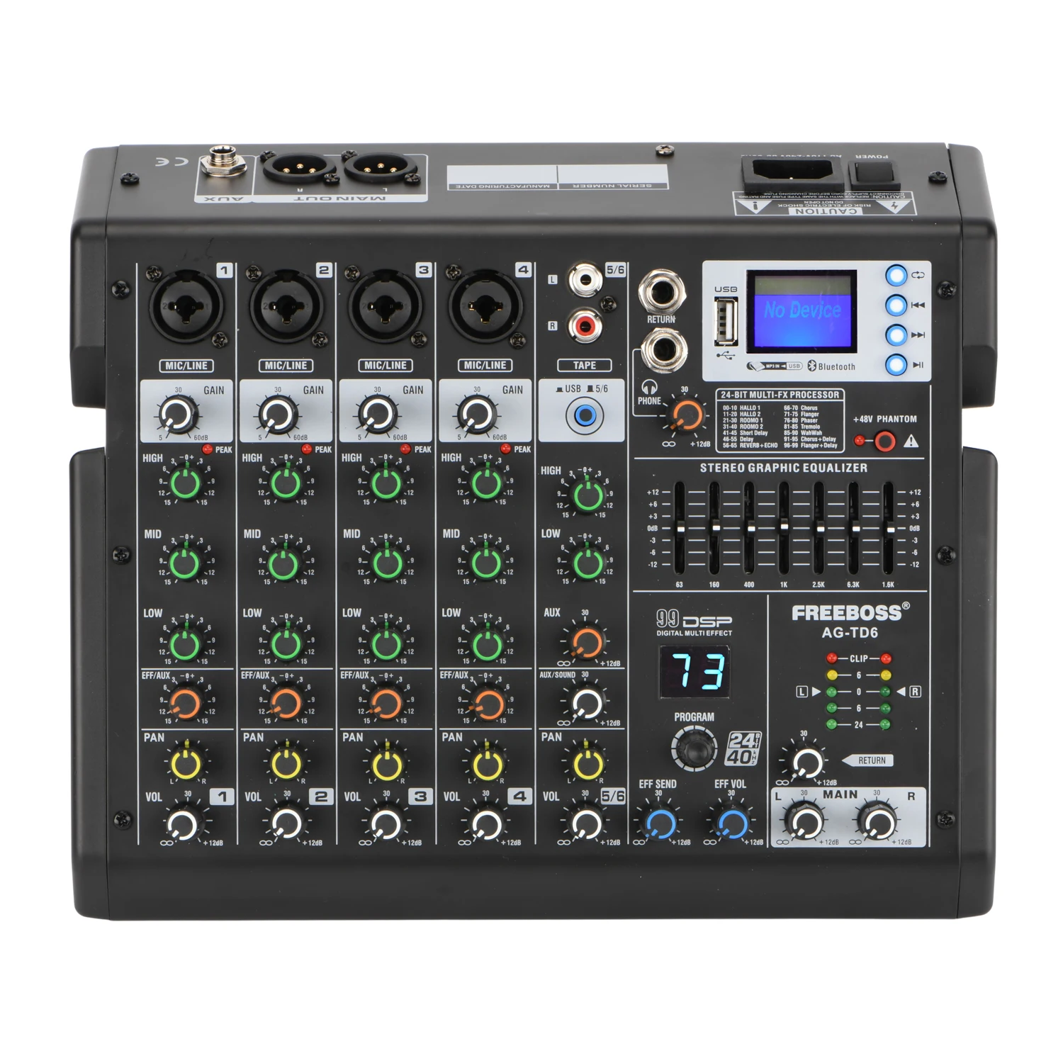 FREEBOSS 99 Effects 7 Band EQ Audio Sound Mixer 6 Channels Bluetooth USB Play Record Mixing Console for DJ Studio Karaoke AG-TD6