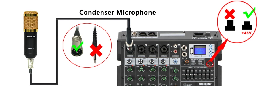 FREEBOSS 99 Effects 7 Band EQ Audio Sound Mixer 6 Channels Bluetooth USB Play Record Mixing Console for DJ Studio Karaoke AG-TD6