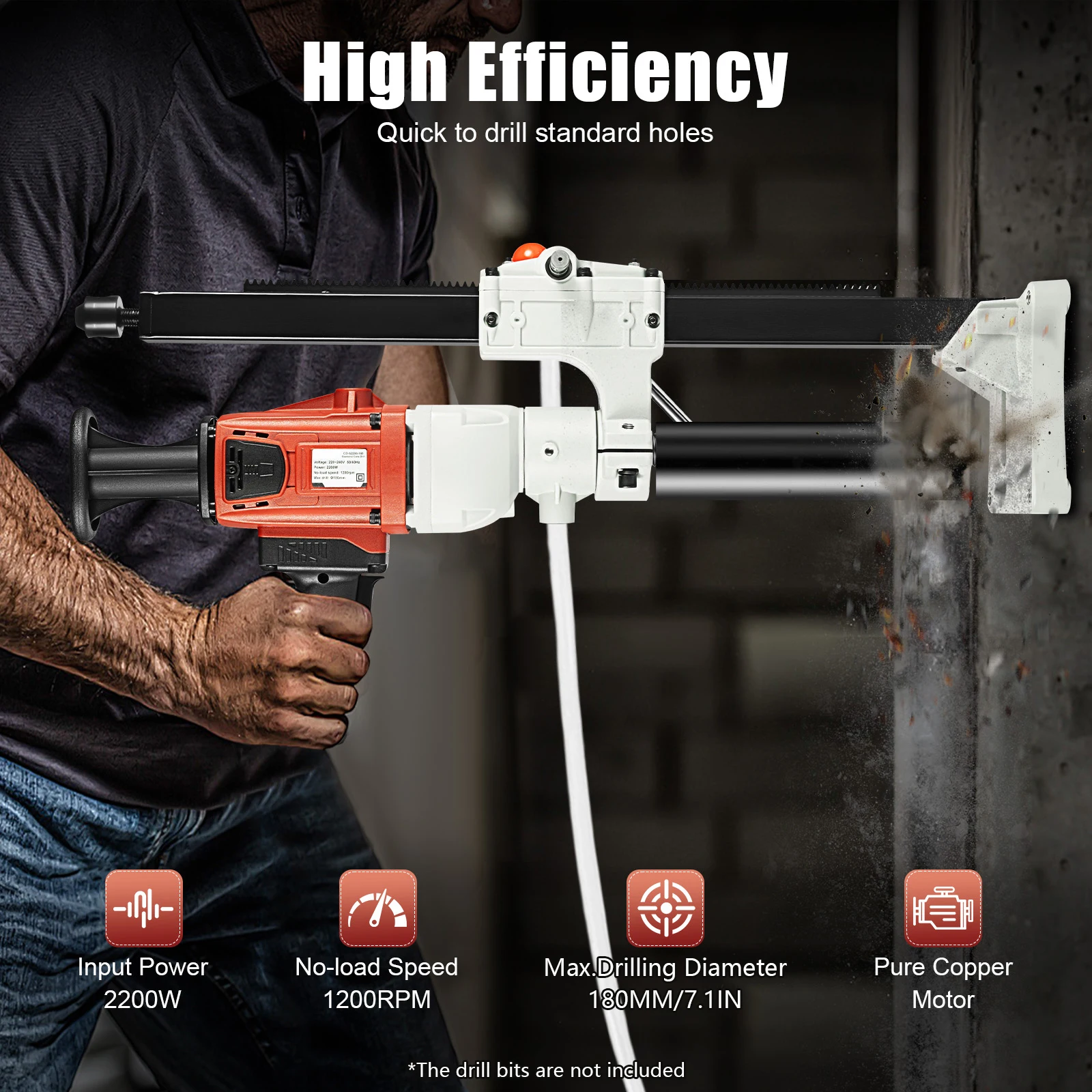 2200W 1200RPM Diamond Core Drilling Machine oncrete Drill Rig Stand Industrial Electric Core Drilling Machine Wet and Dry Use