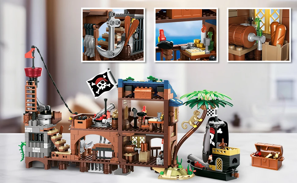 HOGOKIDS Pirate Ship Wharf Building Toy with LED–Medieval Pirate House BuildingBlock Set, Architecture for Kids6+ Birthday Gift