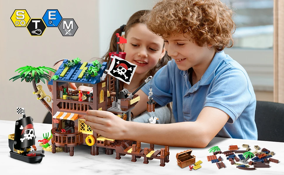 HOGOKIDS Pirate Ship Wharf Building Toy with LED–Medieval Pirate House BuildingBlock Set, Architecture for Kids6+ Birthday Gift