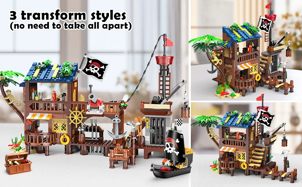 HOGOKIDS Pirate Ship Wharf Building Toy with LED–Medieval Pirate House BuildingBlock Set, Architecture for Kids6+ Birthday Gift