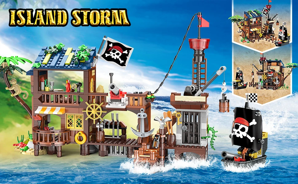 HOGOKIDS Pirate Ship Wharf Building Toy with LED–Medieval Pirate House BuildingBlock Set, Architecture for Kids6+ Birthday Gift