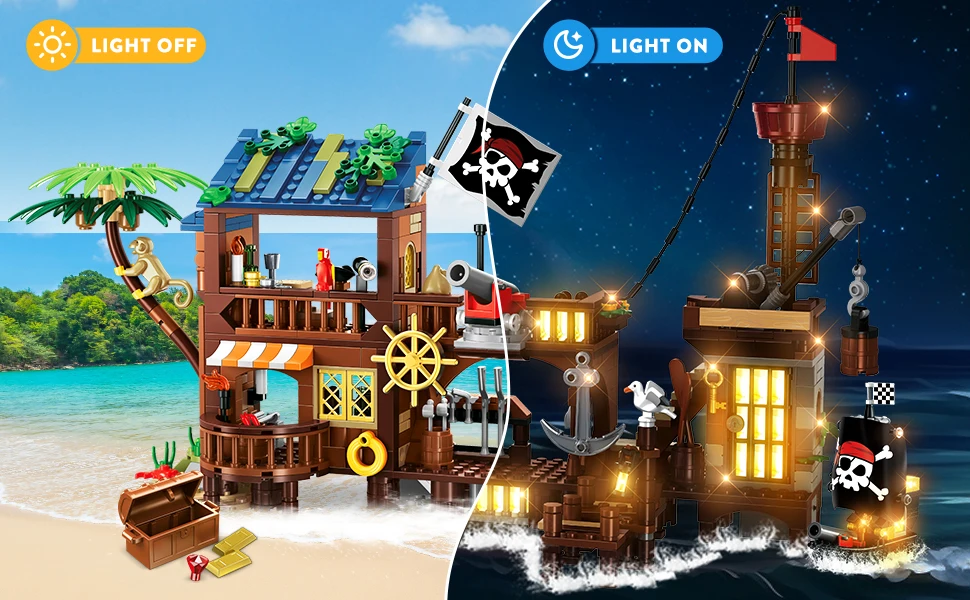 HOGOKIDS Pirate Ship Wharf Building Toy with LED–Medieval Pirate House BuildingBlock Set, Architecture for Kids6+ Birthday Gift