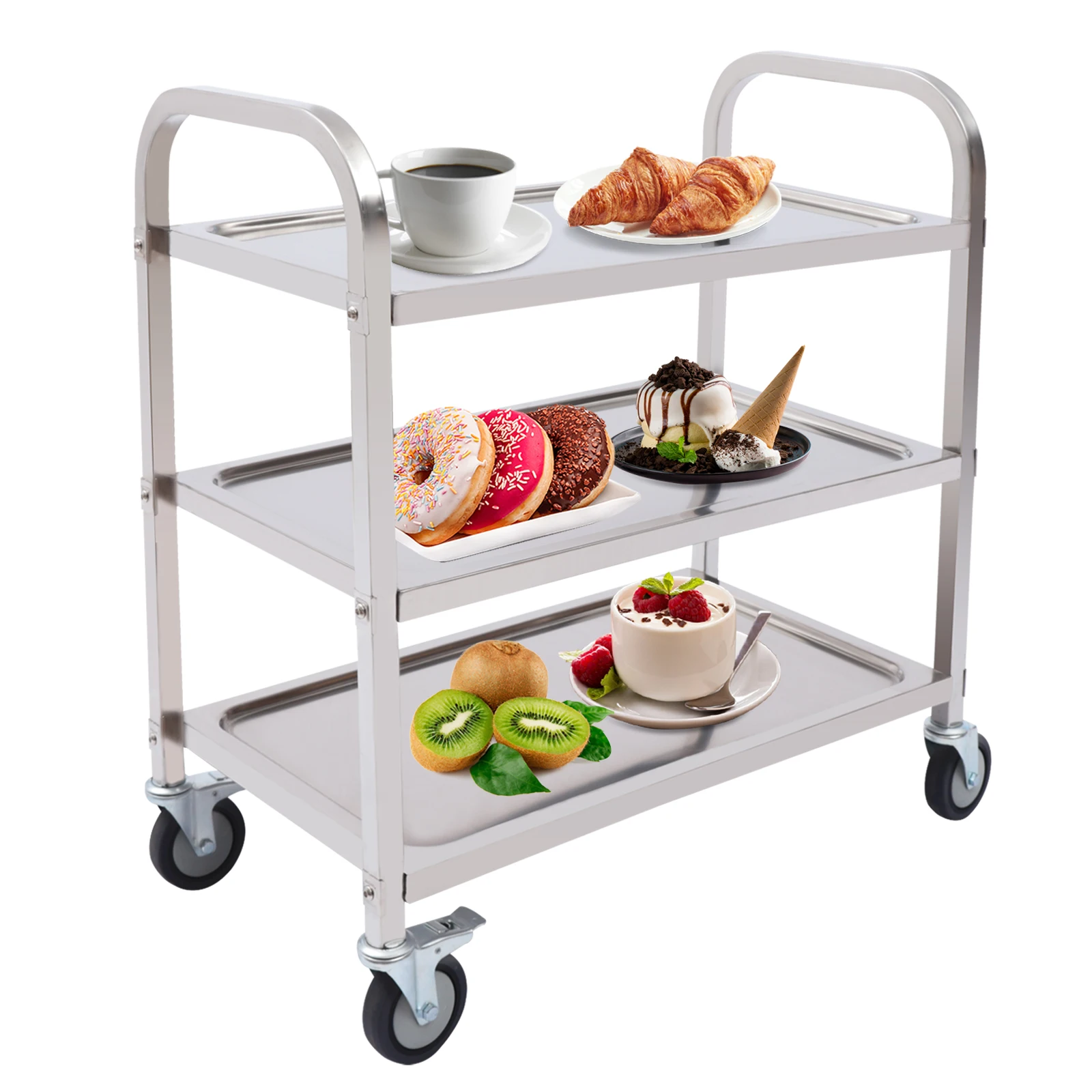 3 Floors Stainless Steel Serving Trolley Transport Cart Kitchen Roller Wheelcart Storage Rack Stand