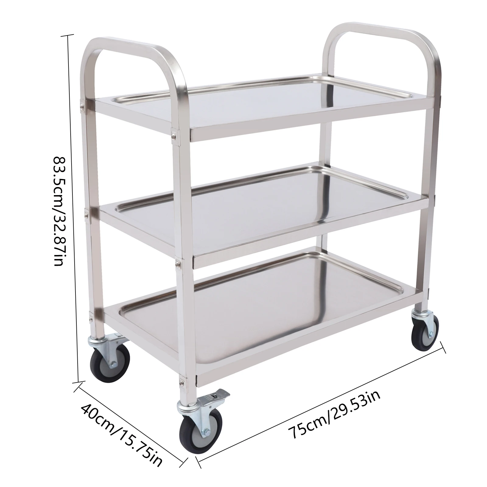 3 Floors Stainless Steel Serving Trolley Transport Cart Kitchen Roller Wheelcart Storage Rack Stand