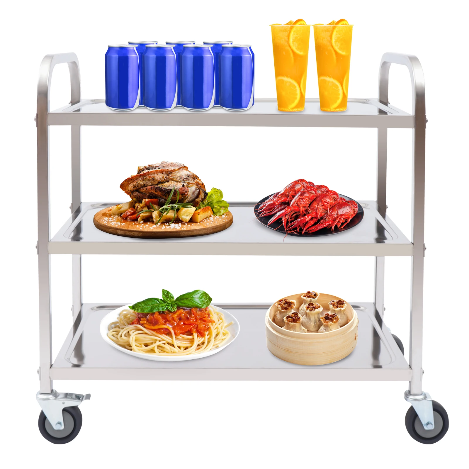 3 Floors Stainless Steel Serving Trolley Transport Cart Kitchen Roller Wheelcart Storage Rack Stand