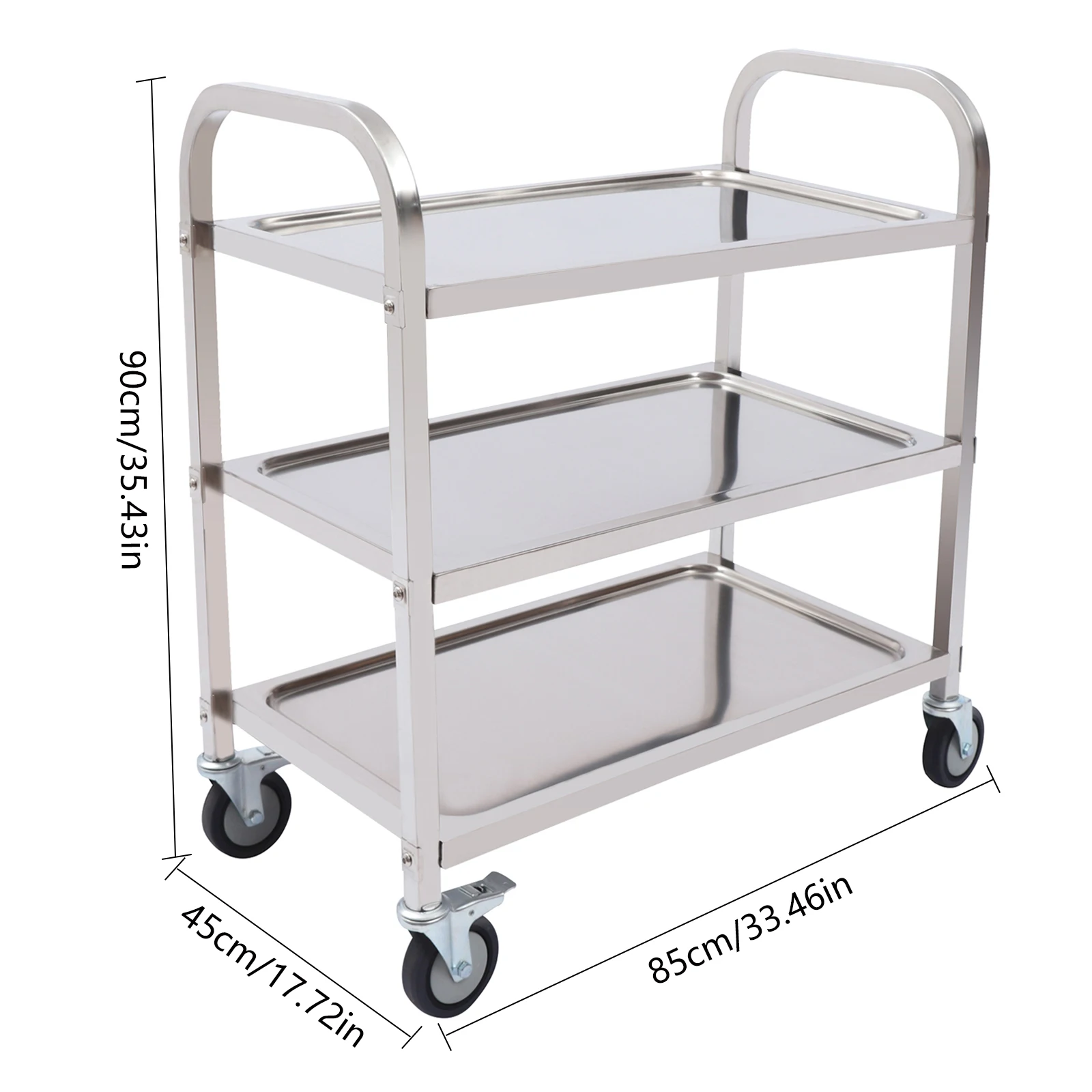 3 Floors Stainless Steel Serving Trolley Transport Cart Kitchen Roller Wheelcart Storage Rack Stand