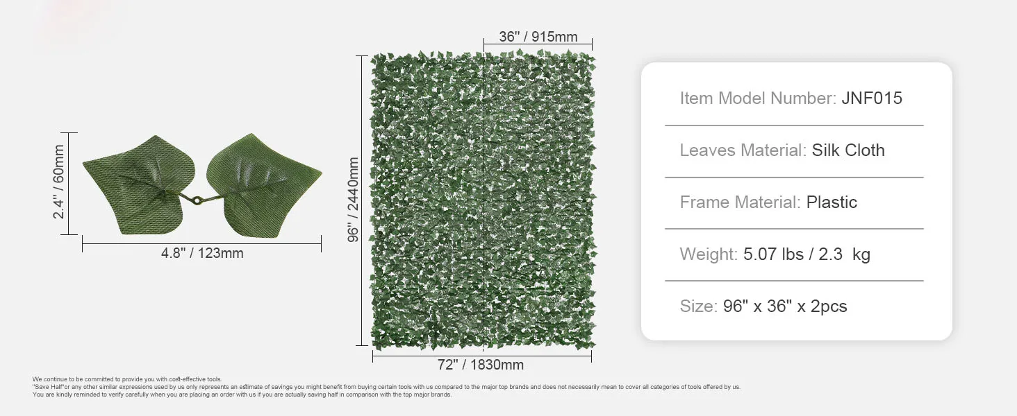SucceBuy Ivy Privacy Fence Artificial Green Wall Screen with Strengthened Joint Faux Hedges Vine Leaf Decoration for Garden