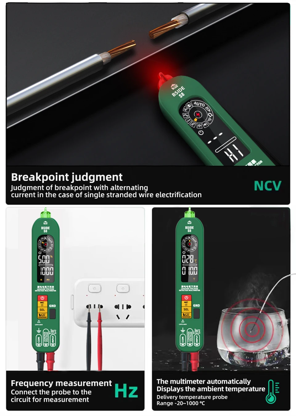 BSIDE New Multifunction Electric Pen Autorange DC AC Voltage Smart Multimeter Capacitance Ohm NCV Hertz Diode Connection Tester