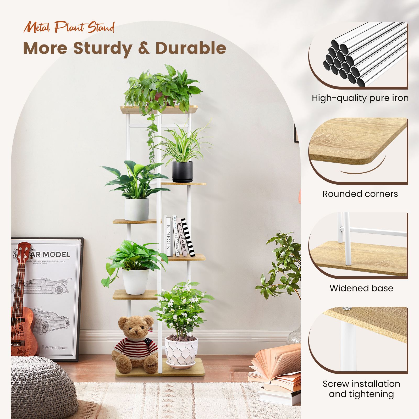 Plant Stands with 6 Floors,106 cm Flower Rack Indoor White Corner Interior, Multiple Plants Flower Stands, Stepped Plant Holder