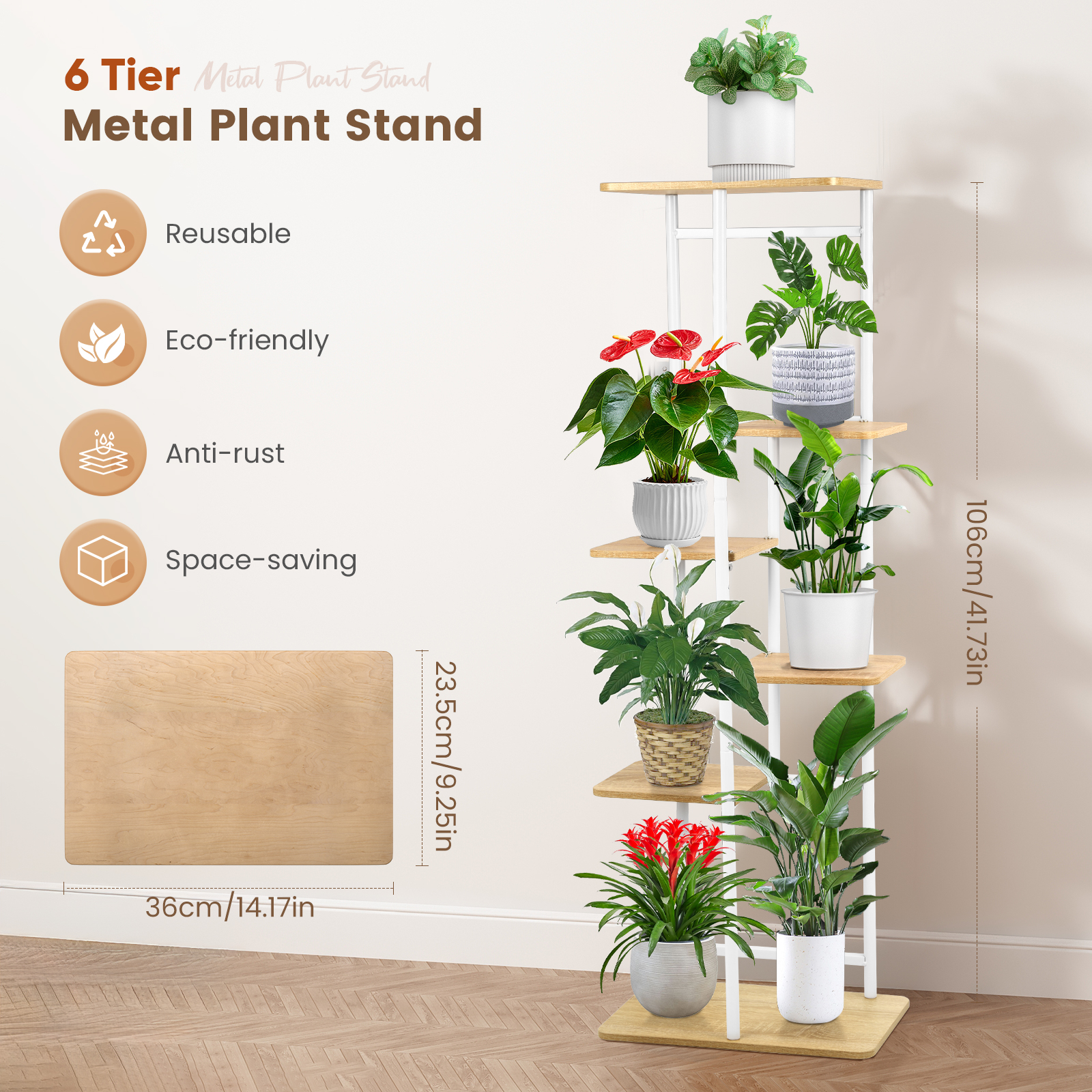 Plant Stands with 6 Floors,106 cm Flower Rack Indoor White Corner Interior, Multiple Plants Flower Stands, Stepped Plant Holder