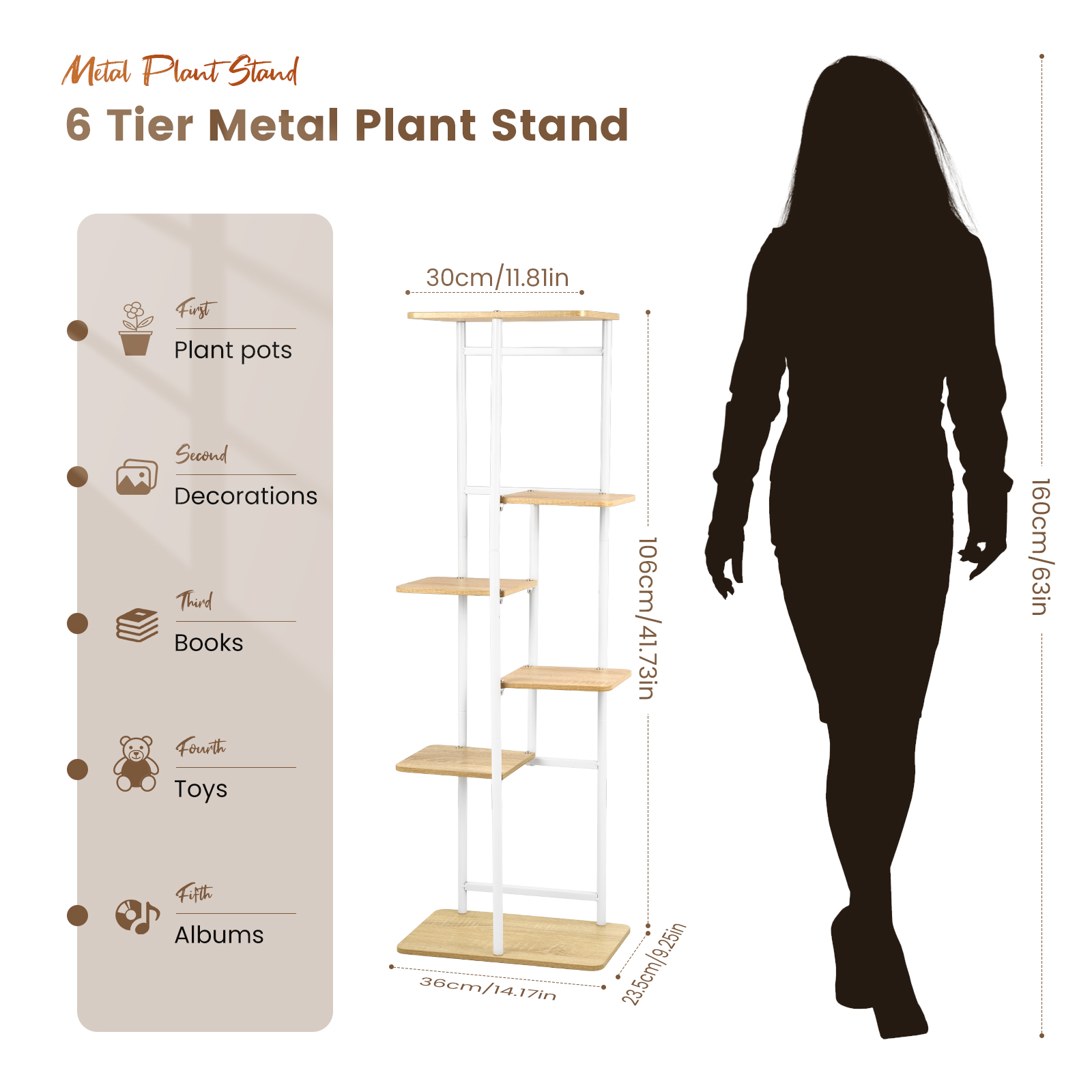 Plant Stands with 6 Floors,106 cm Flower Rack Indoor White Corner Interior, Multiple Plants Flower Stands, Stepped Plant Holder