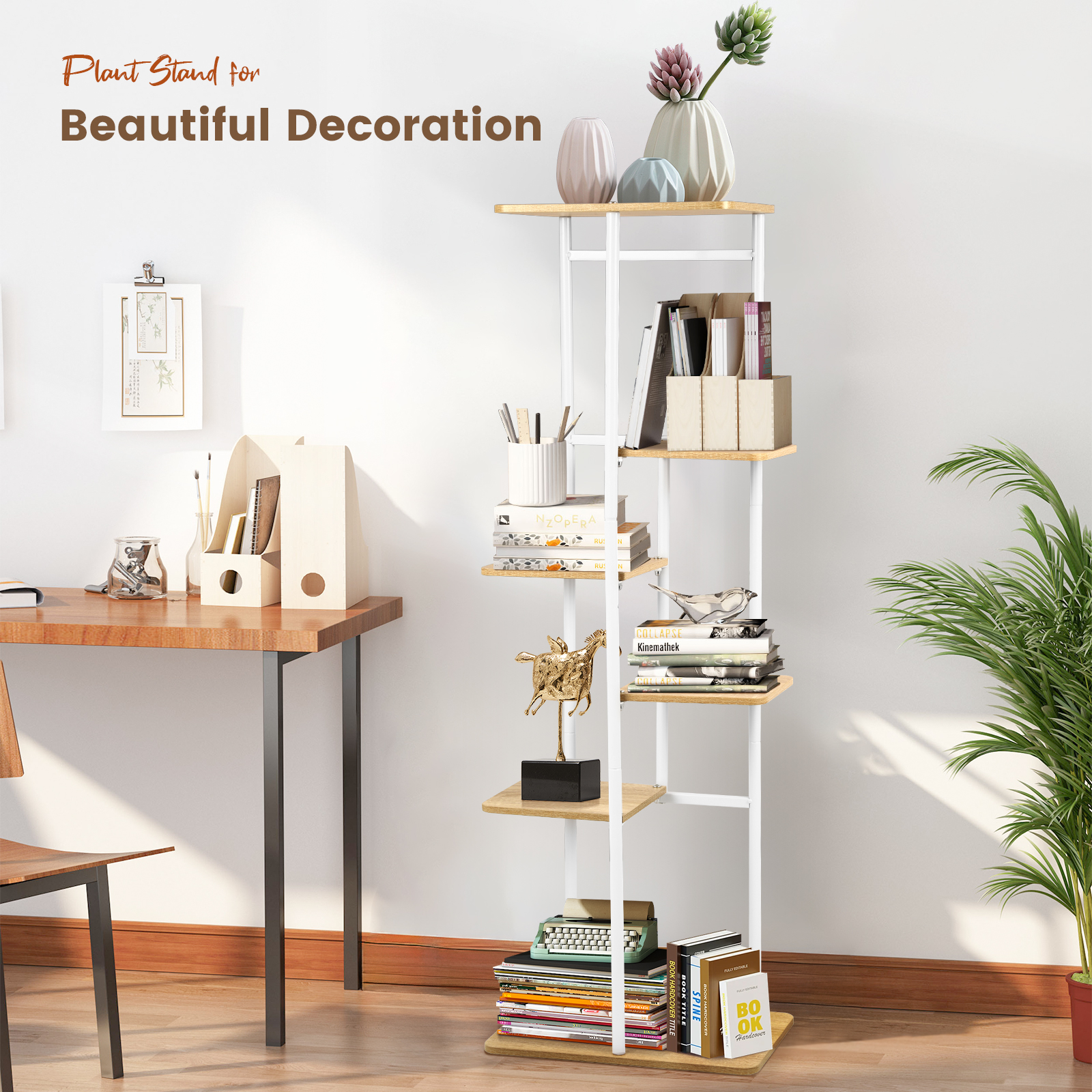 Plant Stands with 6 Floors,106 cm Flower Rack Indoor White Corner Interior, Multiple Plants Flower Stands, Stepped Plant Holder