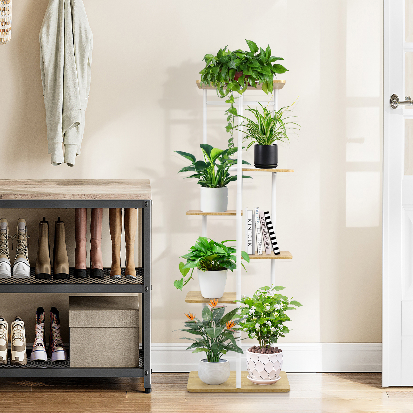 Plant Stands with 6 Floors,106 cm Flower Rack Indoor White Corner Interior, Multiple Plants Flower Stands, Stepped Plant Holder