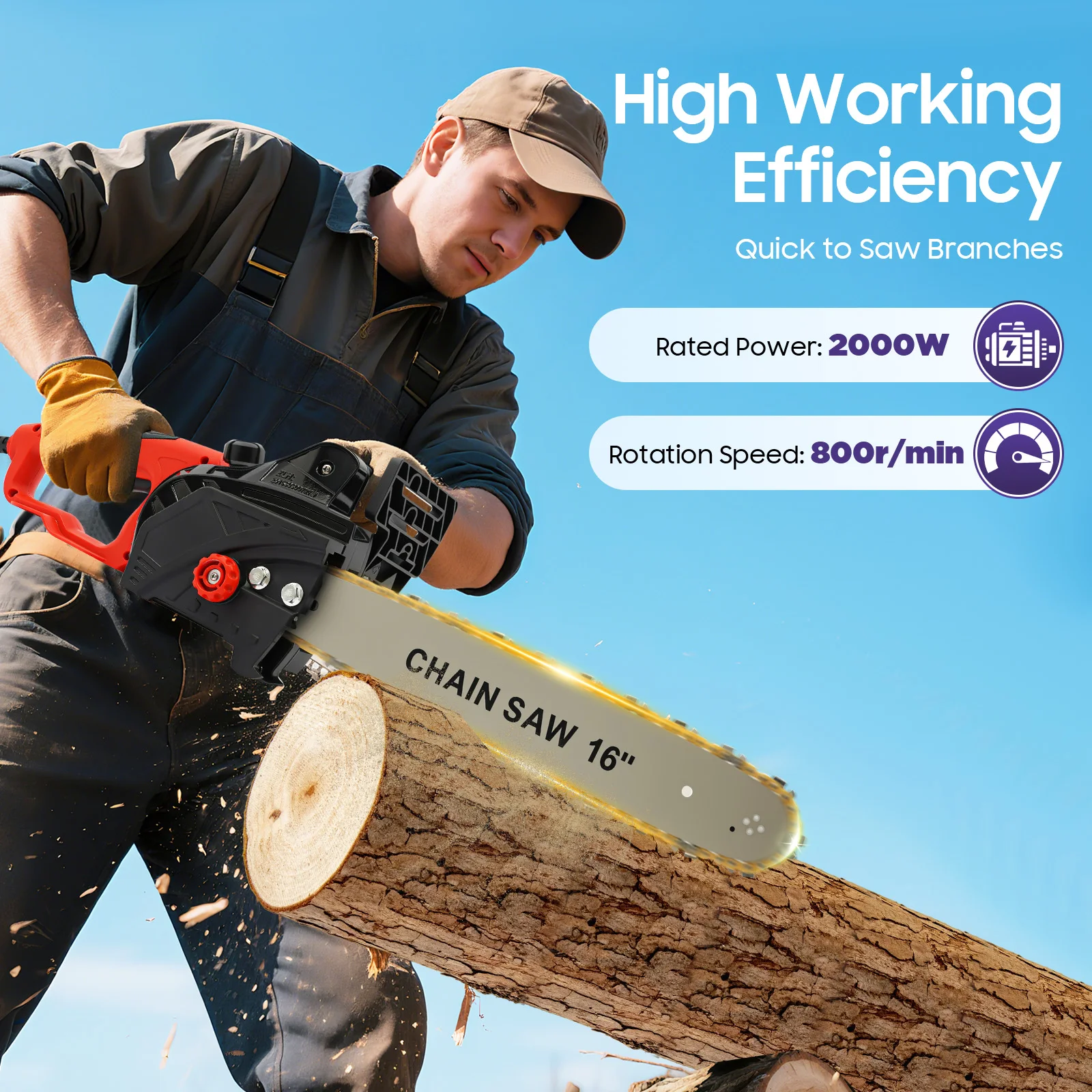 9 Teeth Chainsaw 7018 Motor 2KW Strong Power 16in All Copper Red 220V Electric Saw Chain with Metal Gear 800r/min