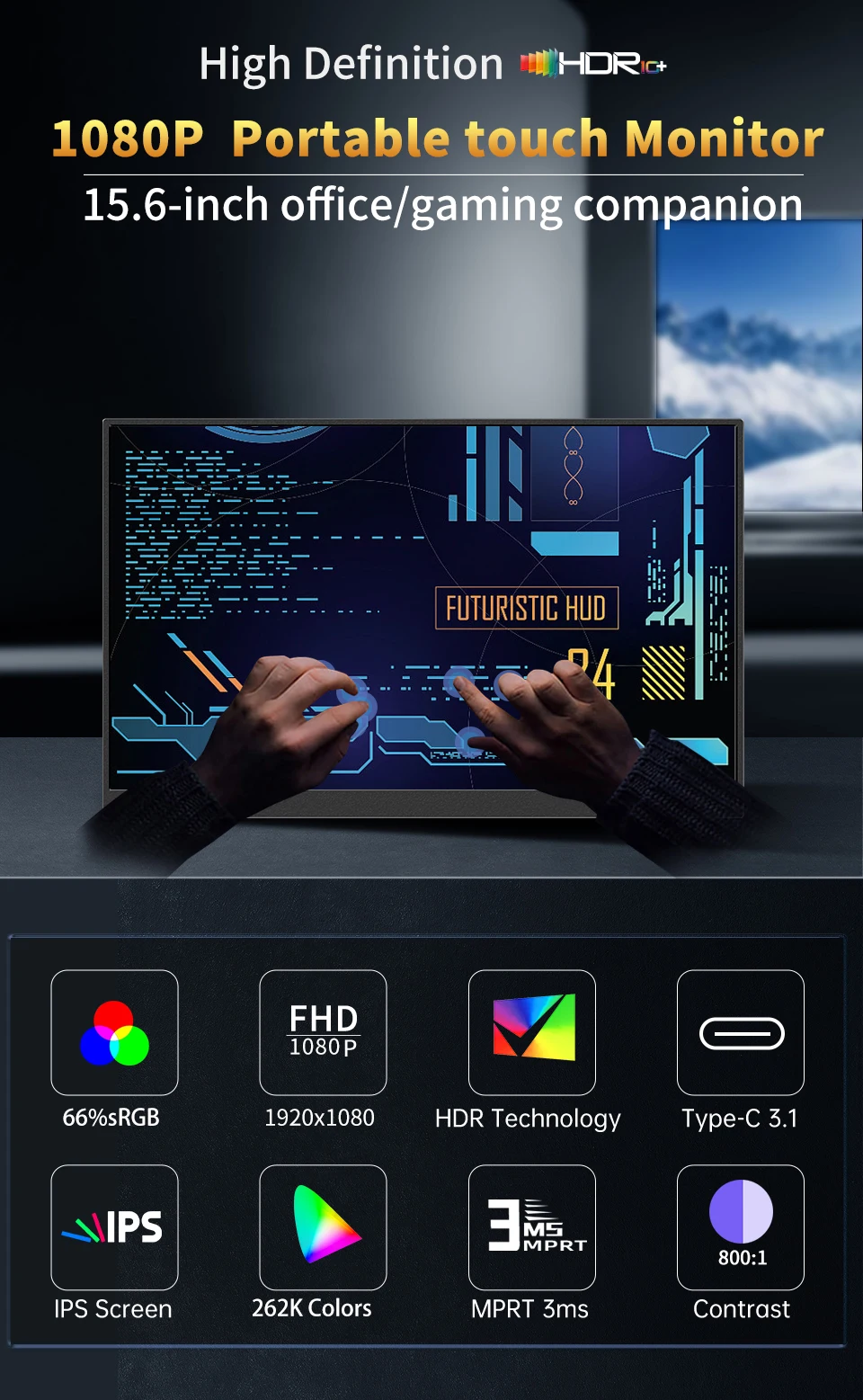 HGFRTEE 15.6 Inch Touch Portable Monitor ADS-IPS 1920*1080P 300cd/m2 Extended Display for Laptop Second Screen XBox PS4/ 5
